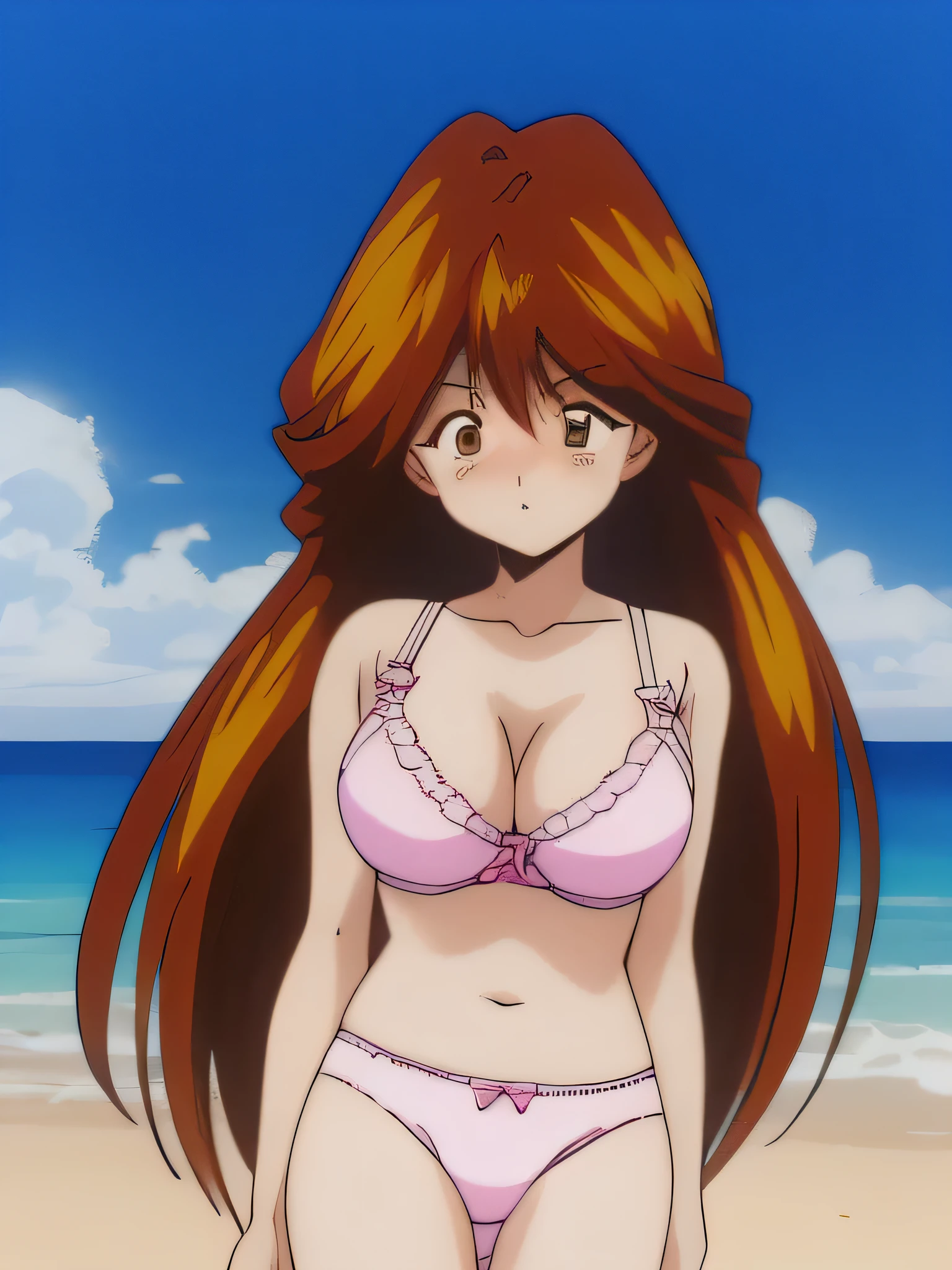 It is, 1 girl, alone, In underwear, long hair, slender body, belly button, brown eyes, white ruffle bra, expensiveleg, big breasts, brown hair, white panties,, looking at the viewer, blush, cowboy shot, redhead,  texpensive gap, camel toe, beach,
1990s \(style\), (anime, anime_screen cap, animeーション化された gif, mp4 ,video), (animeーション化された), (masterpiece, expensive quality), very_expensive_solve, big_file size, full color, 
masterpiece, expensive quality, very_expensive_solve, big_file size, full color,