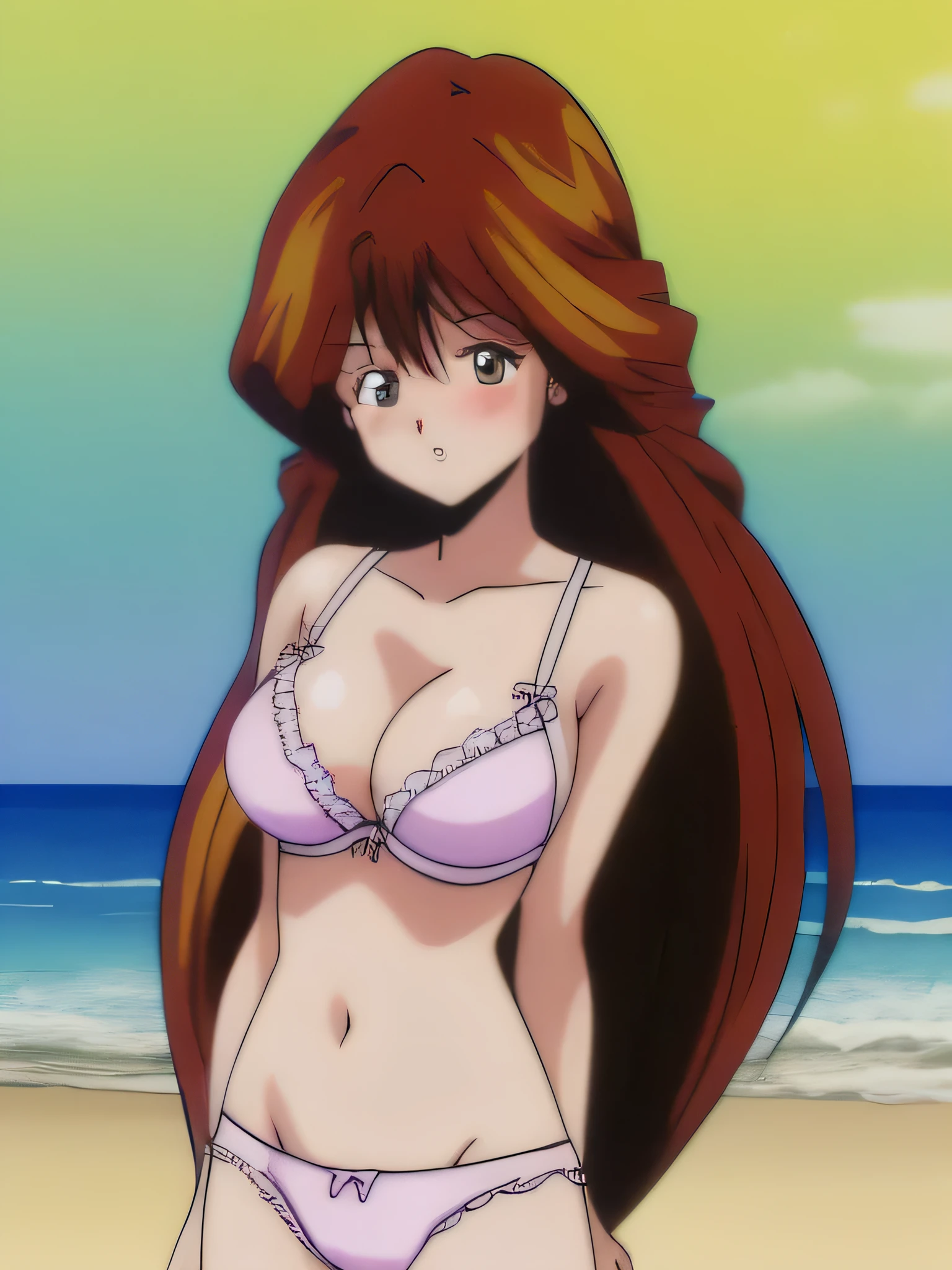 It is, 1 girl, alone, In underwear, long hair, slender body, belly button, brown eyes, white ruffle bra, expensiveleg, big breasts, brown hair, white panties,, looking at the viewer, blush, cowboy shot, redhead,  texpensive gap, camel toe, beach,
1990s \(style\), (anime, anime_screen cap, animeーション化された gif, mp4 ,video), (animeーション化された), (masterpiece, expensive quality), very_expensive_solve, big_file size, full color, 
masterpiece, expensive quality, very_expensive_solve, big_file size, full color,