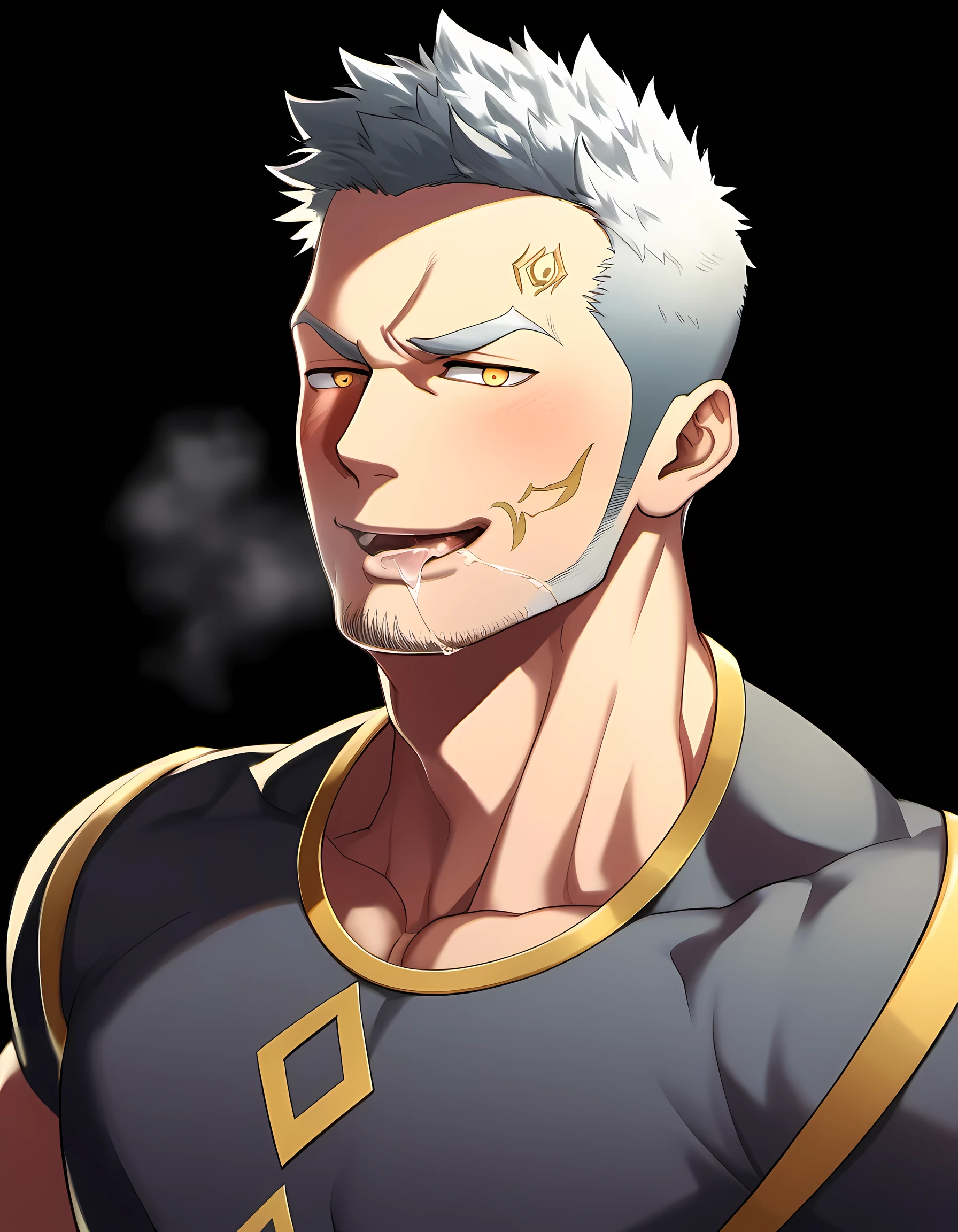 anime characters：Guy, Priapus, 1 young muscular man, male focus, Six pointed star tattoo on face, Dark gray spandex tight T-shirt, white hair, muscular male, muscular, only, Upper body, alone, white short hair, stubble, yellow eyes, black background, simple background, amazing quality, best aesthetics, Ridiculous, bright pupils, short hair, naughty face, torogao, open lips, verbal invitation, traces of saliva, moan, blush, Slobber, best quality