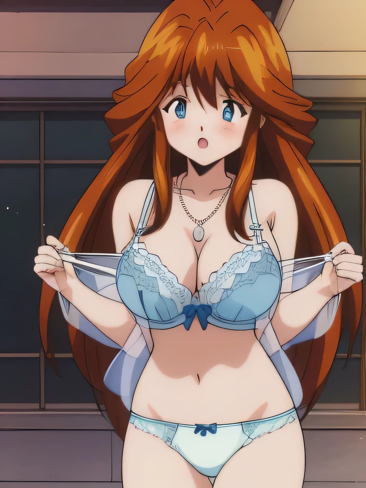 (It is), 1 girl, alone, underwear, panties, good, lingerie, long hair, blush, cowboy shot,  beautiful eyes, Huge_chest, See-through, orange hair, necklace, underwear only, , 1990s \(style\), (anime, anime_screen cap), (animeーション化された gif, mp4) ,video, animeーション化された, masterpiece, expensive quality, very_expensive_solve, big_file size, full color,