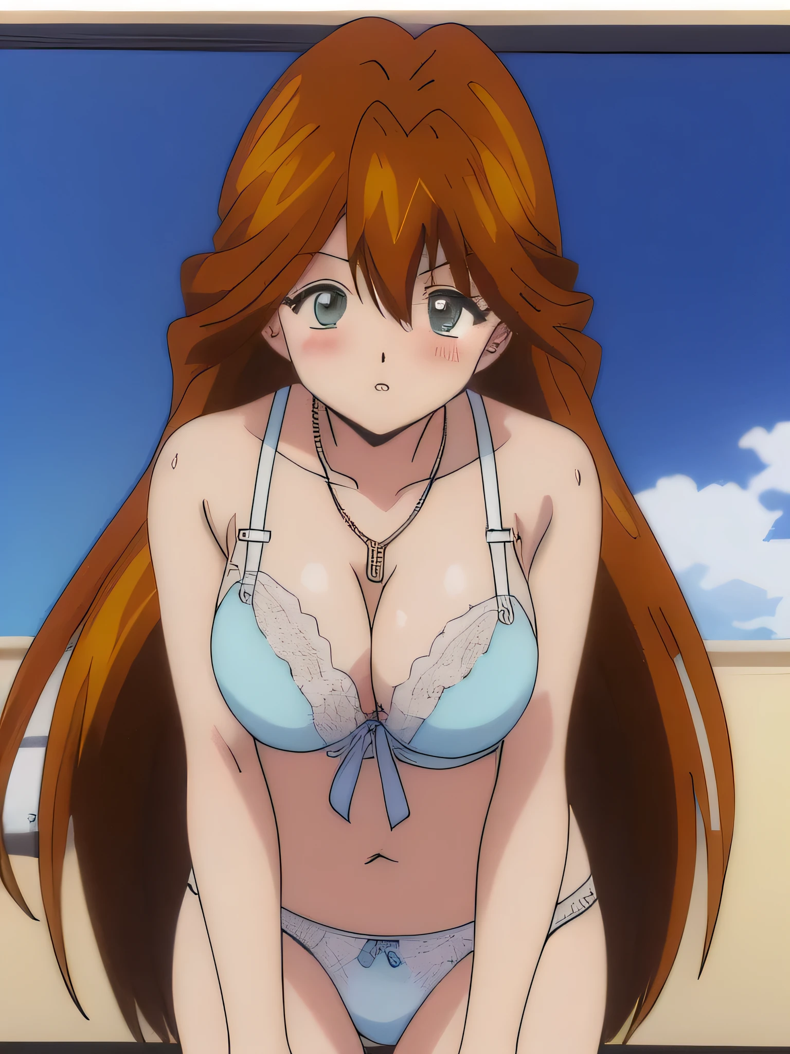 (It is), 1 girl, alone, underwear, panties, good, lingerie, long hair, blush, cowboy shot,  beautiful eyes, Huge_chest, See-through, orange hair, necklace, underwear only, , 1990s \(style\), (anime, anime_screen cap), (animeーション化された gif, mp4) ,video, animeーション化された, masterpiece, expensive quality, very_expensive_solve, big_file size, full color,