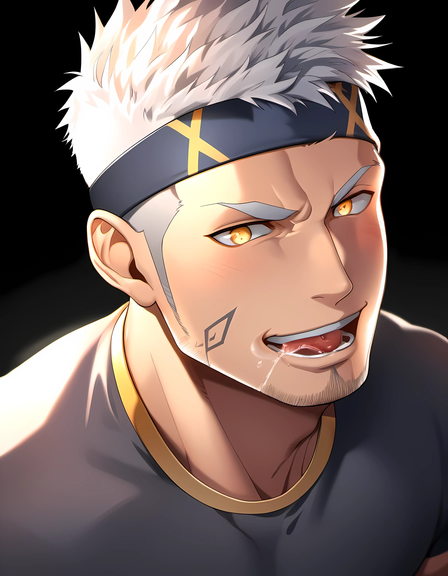 anime characters:Guy, Priapus, 1 young muscular man, male focus, Six pointed star tattoo on face, Sporty black headband, White spandex tight T-shirt, muscular male, muscular, only, Upper body, alone, white short hair, stubble, yellow eyes, black background, simple background, amazing quality, best aesthetics, Ridiculous, bright pupils, short hair, naughty face, torogao, open lips, traces of saliva, verbal invitation, Slobber, best quality