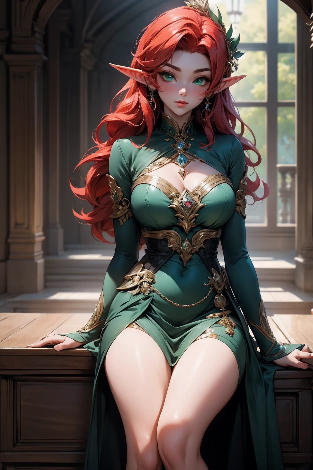 (Masterpiece - Ultra-Detailed, High Resolution) Prepare to be enchanted by a true masterpiece that combines ultra-detailed art with high-resolution rendering. This work shows a mesmerizing and sexy young elf with very large breasts and red hair. Green eyes, transparent dress, sitting on the gound. Backwards, lookink back, with one finger in her mouth. Get ready to dive into a world where beauty and craftsmanship merge perfectly.