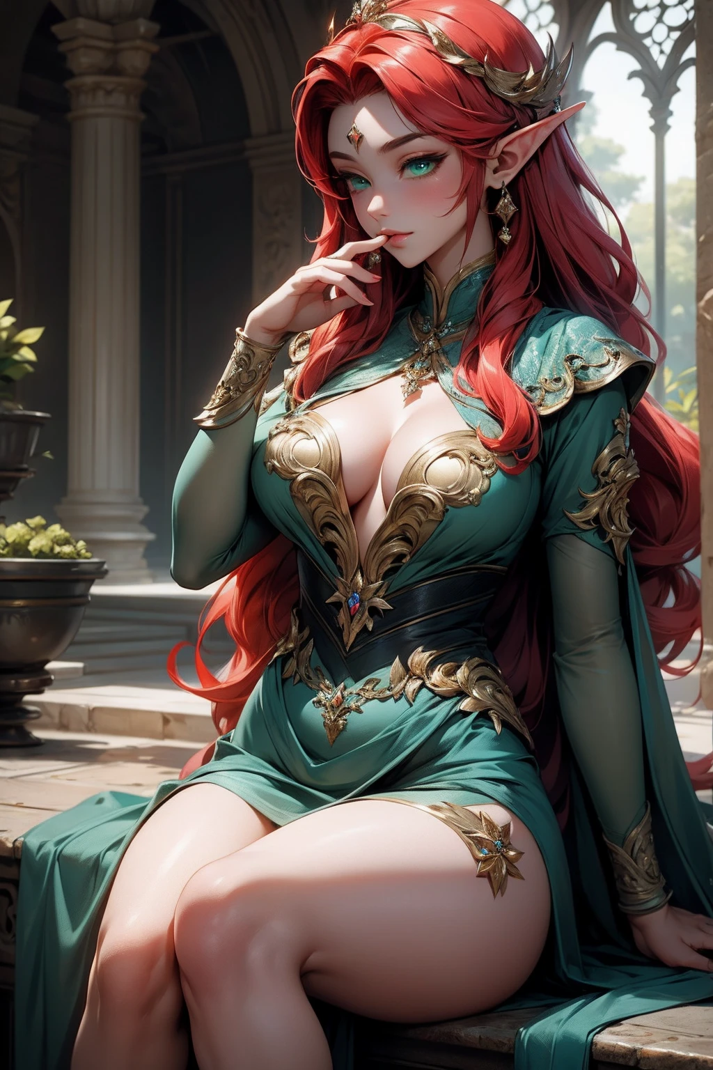 (Masterpiece - Ultra-Detailed, High Resolution) Prepare to be enchanted by a true masterpiece that combines ultra-detailed art with high-resolution rendering. This work shows a mesmerizing and sexy young elf with very large breasts and red hair. Green eyes, transparent dress, sitting on the gound. Backwards, lookink back, with one finger in her mouth. Get ready to dive into a world where beauty and craftsmanship merge perfectly.