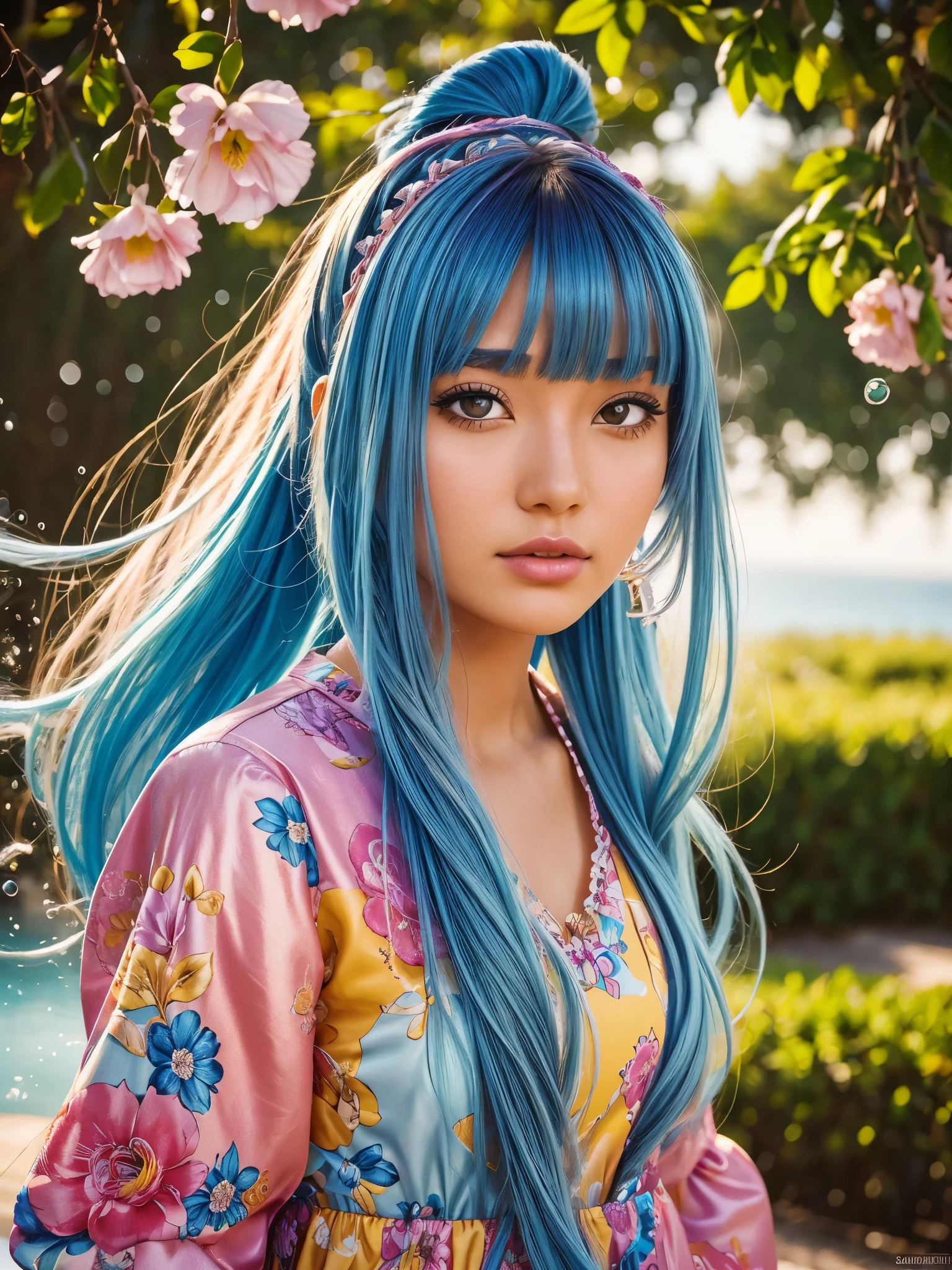 (masterpiece), (best quality), (ultra detailed),(disheed hair),(illustration), (1girl), (Fashionable clothing), standing, Fashion model, looking at viewer, (interview), (simple background), Beautiful detailed eyes, delicate beauty, floating, (high saturation), (colorful splash), colorful bubbles, (shine), focus on the face, ponytail, Ayaka Kamisato, light blue hair, bangs, scrunchies, floating flowers, flowing hair, (shiny), best lighting, best shadows, perfect hands