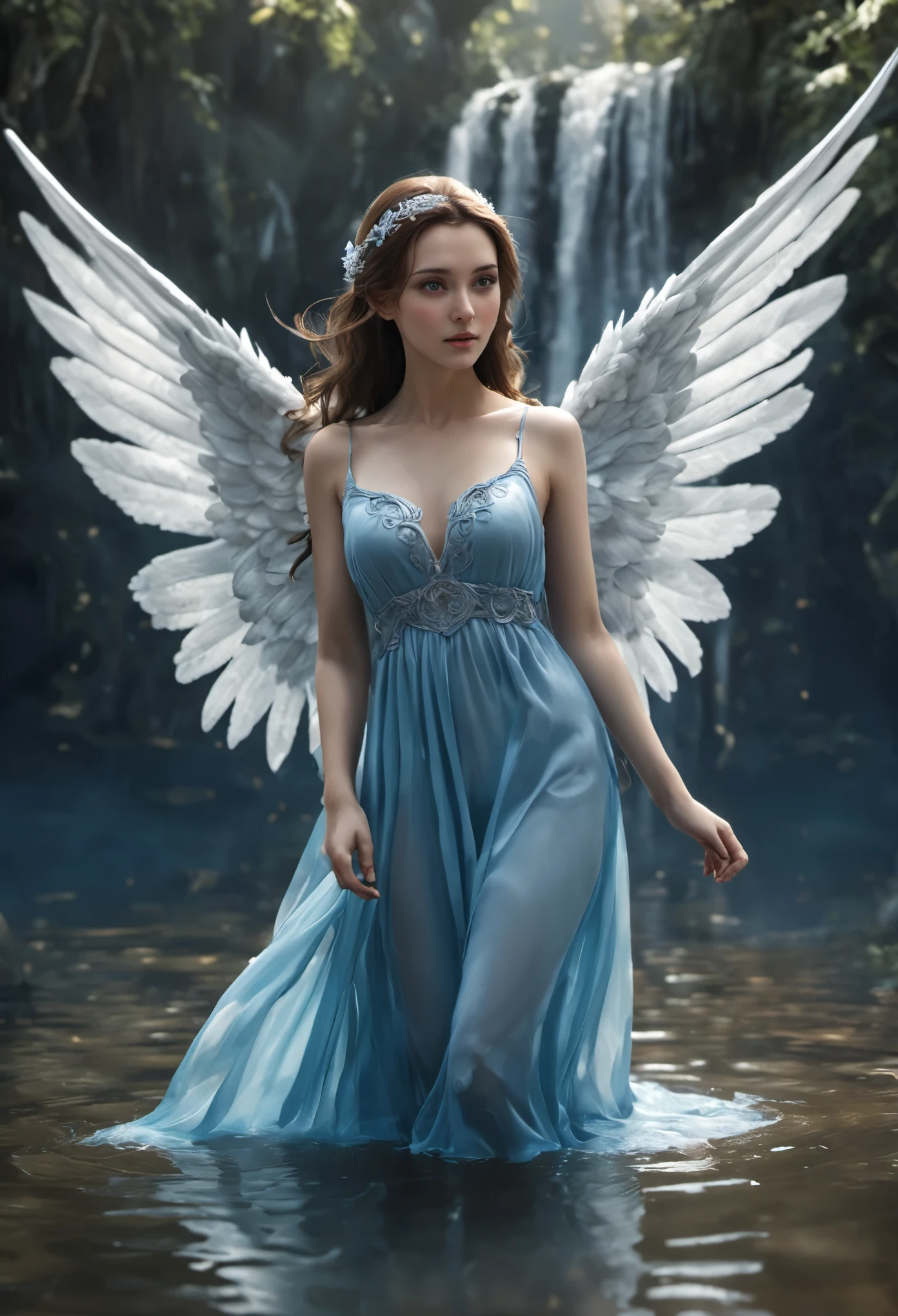 a woman in a blue dress with long and wide white angel wings, standing in water, surrounded by magic, beautiful 3d rendering of a fairy, realistic fantasy rendering, beautiful adult fairy, fairy beautiful fairy, daz studio Genesis iray ultra hd, daz studio Genesis iray, stunning fantasy 3 d rendering, fae teenage girl, elf, brown-haired elf, fairy portrait, 4K