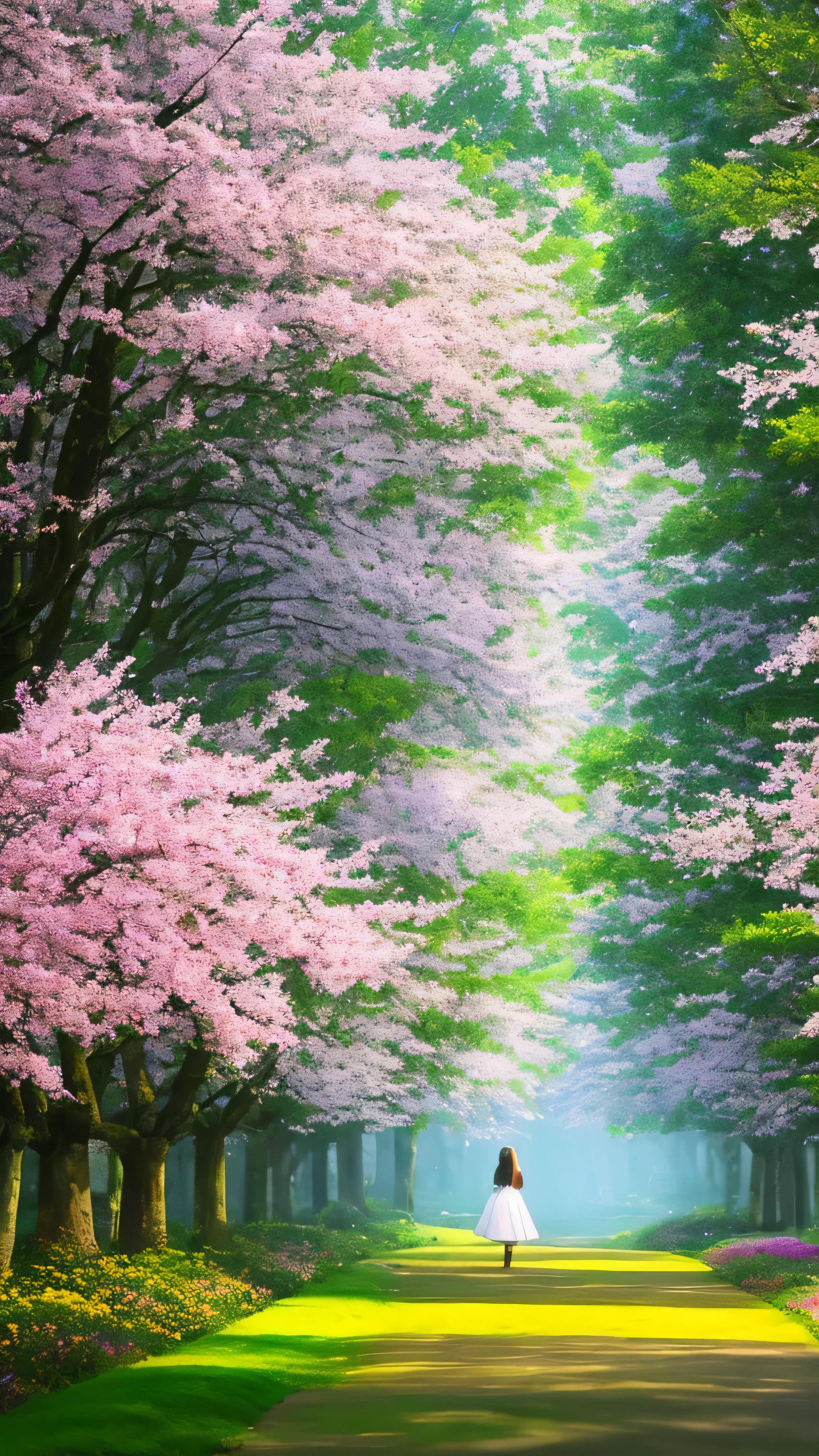 masterpiece, best quality, high quality, extremely detailed 8k wallpaper of CG unit, a charming and dreamy scene of a lush forest of sakuras, with tall trees, creating a sense of mystique and enchantment, artistic station, digital illustration, intricate, trend, pastel colors, oil painting, award-winning photography, Bokeh, depth of field, HDR, flower, chromatic aberration, photorealistic, extremely detailed, trend in artstation, trend in CGsociety, intricate, high detail, dramatic, art in the middle of the journey, old tree, winding road, lakelet, small fog, cherry blossom tree, small lake next to the forest, tree tunnel, forsythia flower, wide road, large flower cluster, (Back view of a woman wearing a skirt)
