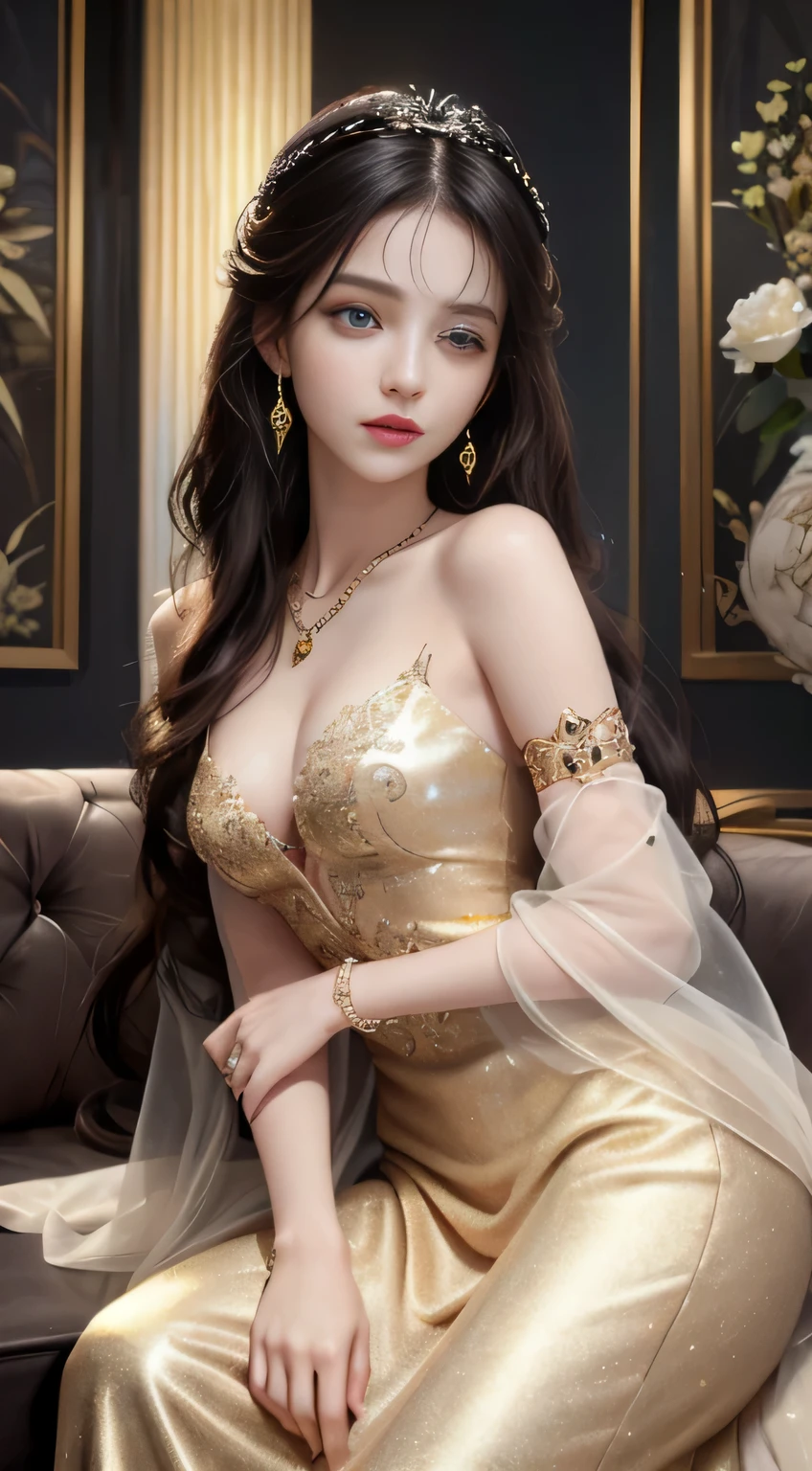 Ultra detailed, realistic, (1girl), full body, (detailed background), (), daylight detail, (high detail skin: 1.4), pale skin, (dark eye detail: 1.4), (big eyeedium shot))),, high detail, {best quality}, {{masterpiece}, wallpaper, masterpiece, best quality, illustration, fine detail eyes, cinematic lighting, ultra-realistic 8k cg, flawless, clean, masterpiece, professional artwork, famous artwork, movie lights, movie bloom, perfect face, beautiful face, beautiful eyes, fantasy, dreamy, unreal, sci-fi, small breasts, beautiful clothes, ridiculously long hair, very long hair, (rich: 1.4), prestige, luxury, jewelry, diamonds, gold, pearls, precious stones, sapphires, rubies, emeralds, intricate details, delicate patterns, charming, seductive, seductive, erotic, enchanting, Hair accessories, necklaces, earrings, bracelets, armbands,