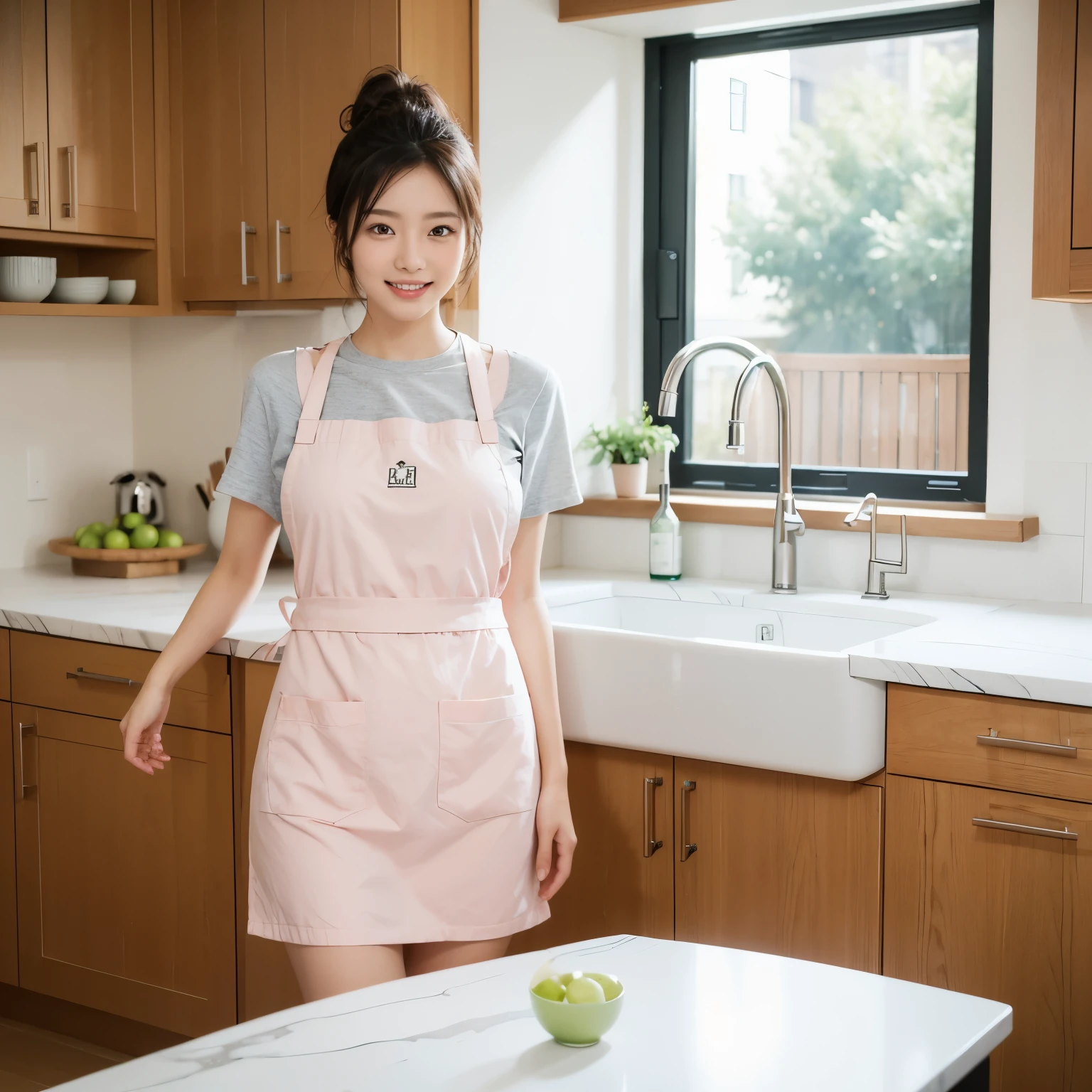 (table top、highest quality、8k、Award-winning work、ultra high resolution)、one beautiful woman、(wearing the most natural and perfect pink apron:1.1)、look at me with the best smile、The biggest smile showing your beautiful teeth、perfect beautiful teeth、emphasize body line、(bust up photo:1.1)、big breasts、(The most natural and practical kitchen:1.1)、(Perfectly organized and clean kitchen:1.1)、(modern and elegant kitchen:1.1)、(Perfect kitchen with state-of-the-art induction:1.1)、(Beautiful modern kitchen with a unified feel:1.1)、(very bright:1.1)、(very bright and vivid:1.2)、the brightest and most vivid、High chroma、Strong and glowing beautiful skin、A refreshing and beautiful perfect window、ultra high resolutionのperfect beautiful teeth、(Ultra high definition glossy skin:1.1)、(very brightly lit、bright and glowing skin:1.2)、Super high-definition sparkling eyes、(accurate anatomy:1.1)、[slightly pregnant]