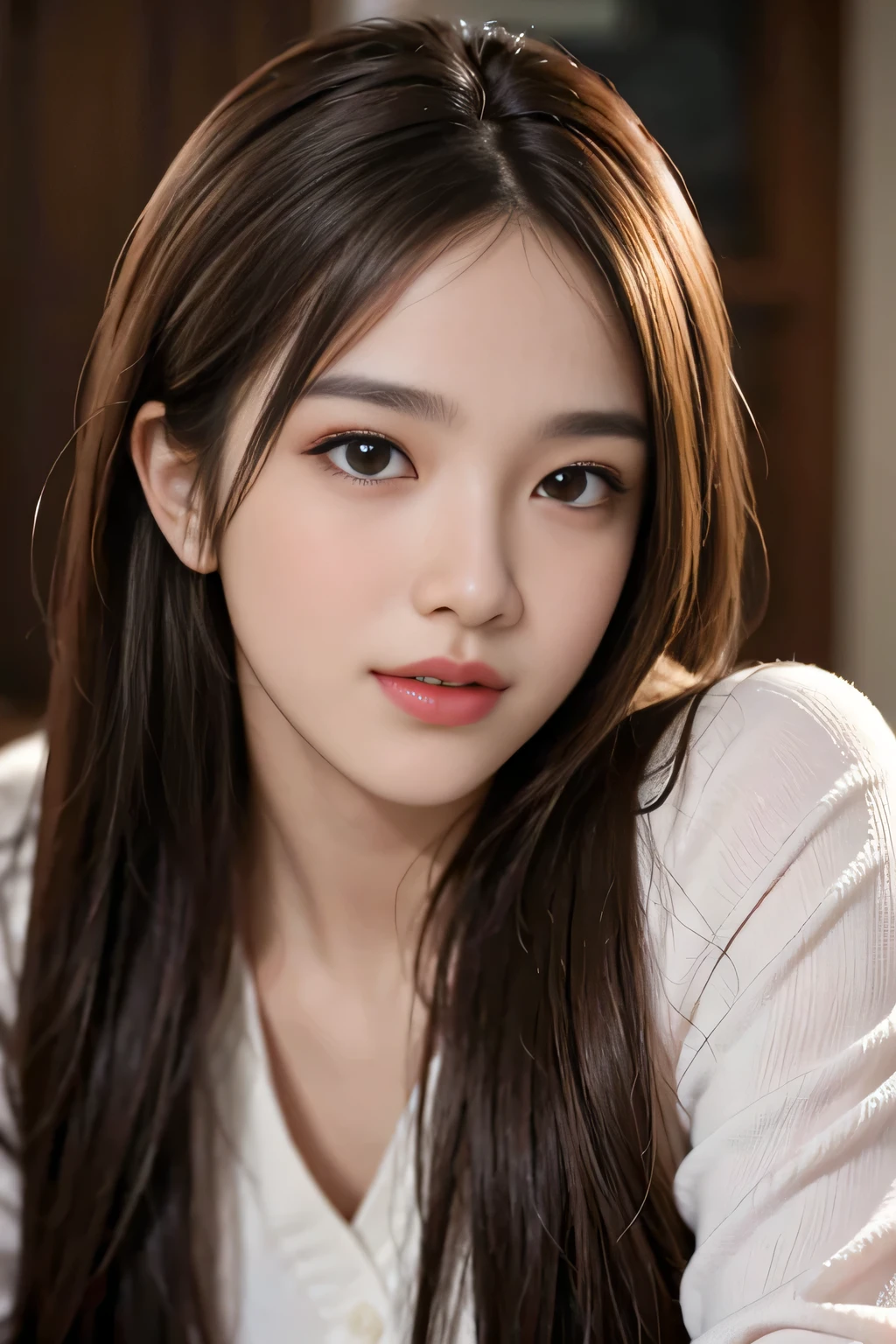 table top, highest quality, realistic, Super detailed, finely, High resolution, 8k wallpaper, 1 beautiful woman,, light brown messy hair, wearing a business suit, sharp focus, perfect dynamic composition, beautiful and detailed eyes, thin hair, Detailed realistic skin texture, smile, close-up portrait, model body shape