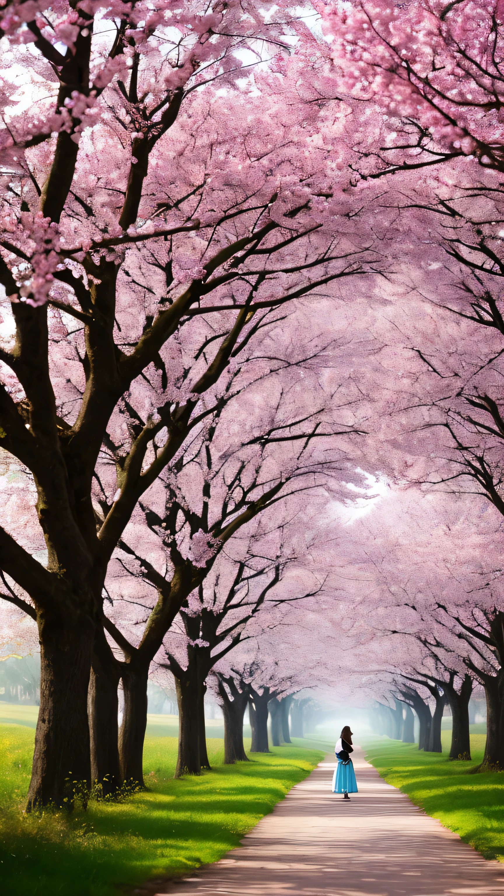 masterpiece, best quality, high quality, extremely detailed 8k wallpaper of CG unit, a charming and dreamy scene of a lush forest of sakuras, with tall trees, creating a sense of mystique and enchantment, artistic station, digital illustration, intricate, trend, pastel colors, oil painting, award-winning photography, Bokeh, depth of field, HDR, flower, chromatic aberration, photorealistic,  extremely detailed, trend in artstation, trend in CGsociety, intricate, high detail, dramatic, art in the middle of the journey, old tree, winding road, lakelet, small fog, cherry blossom tree,  small lake next to the forest, tree tunnel, forsythia flower, wide road, large flower cluster, (Back view of a woman wearing a skirt)
