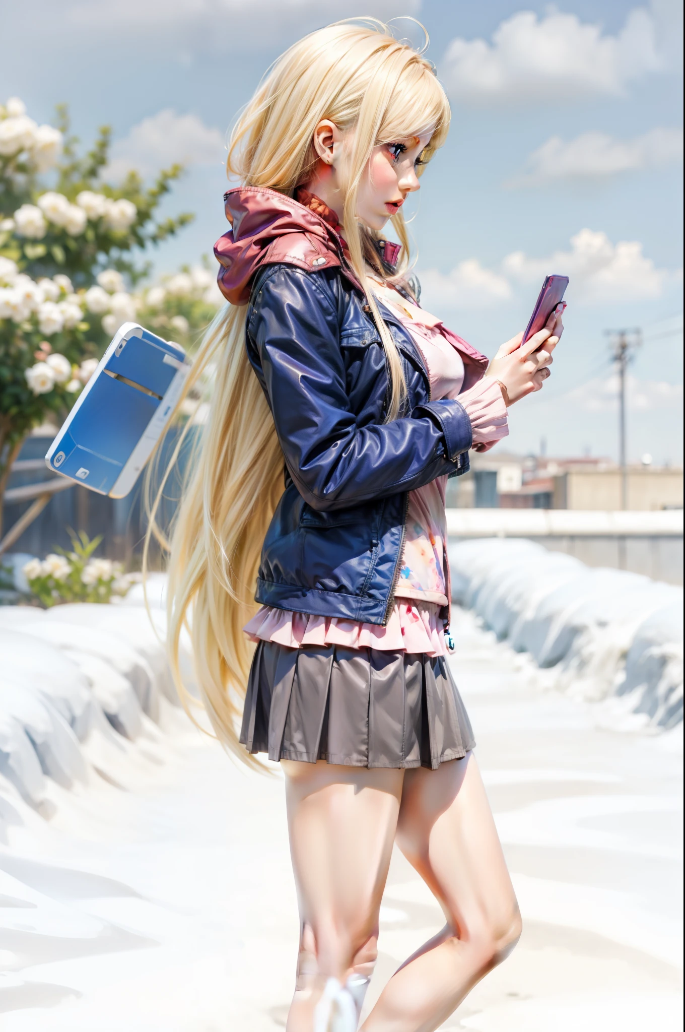 anime girl in a short skirt and jacket looking at her cell phone, beautiful anime high school girl, blonde anime girl with long hair, anime visual of a cute girl, smooth anime cg art, a hyperrealistic , anime girl with long hair, realistic , anime best girl, marin kitagawa fanart, painted in anime painter studio, hyperrealistic