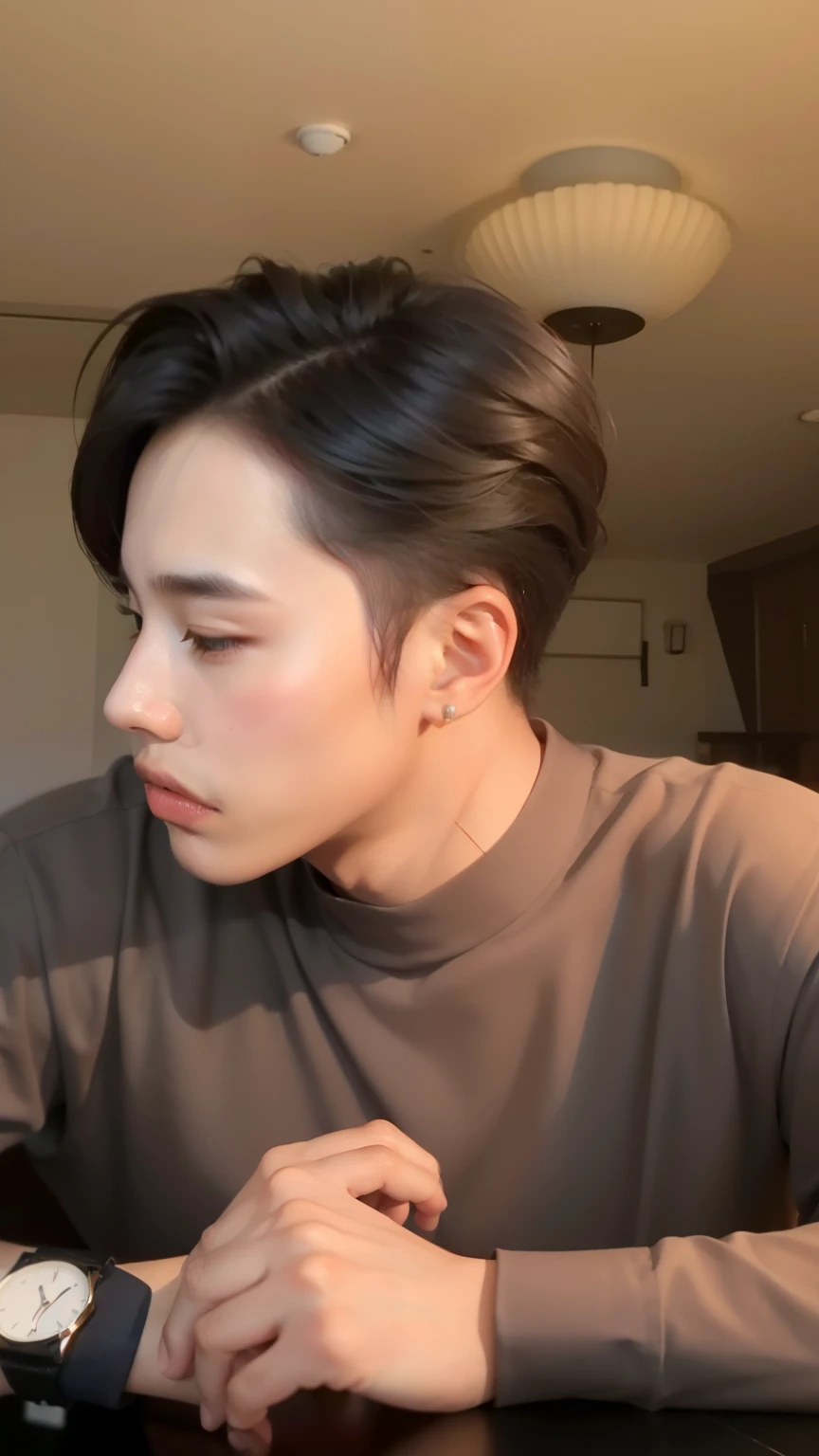 there is a man sitting at a table with a watch on his wrist, homem sul-coreano, brilhante da chuva, lindo chad queixo, Jimin\the right eyelid is swollen, profile picture with headshot, adorable and pale korean face, Kim Doyoung, Yanjun Chengt, com o mesmo penteado, menino musculoso coreano de 2 a 1 anos, Jimin\the full lips