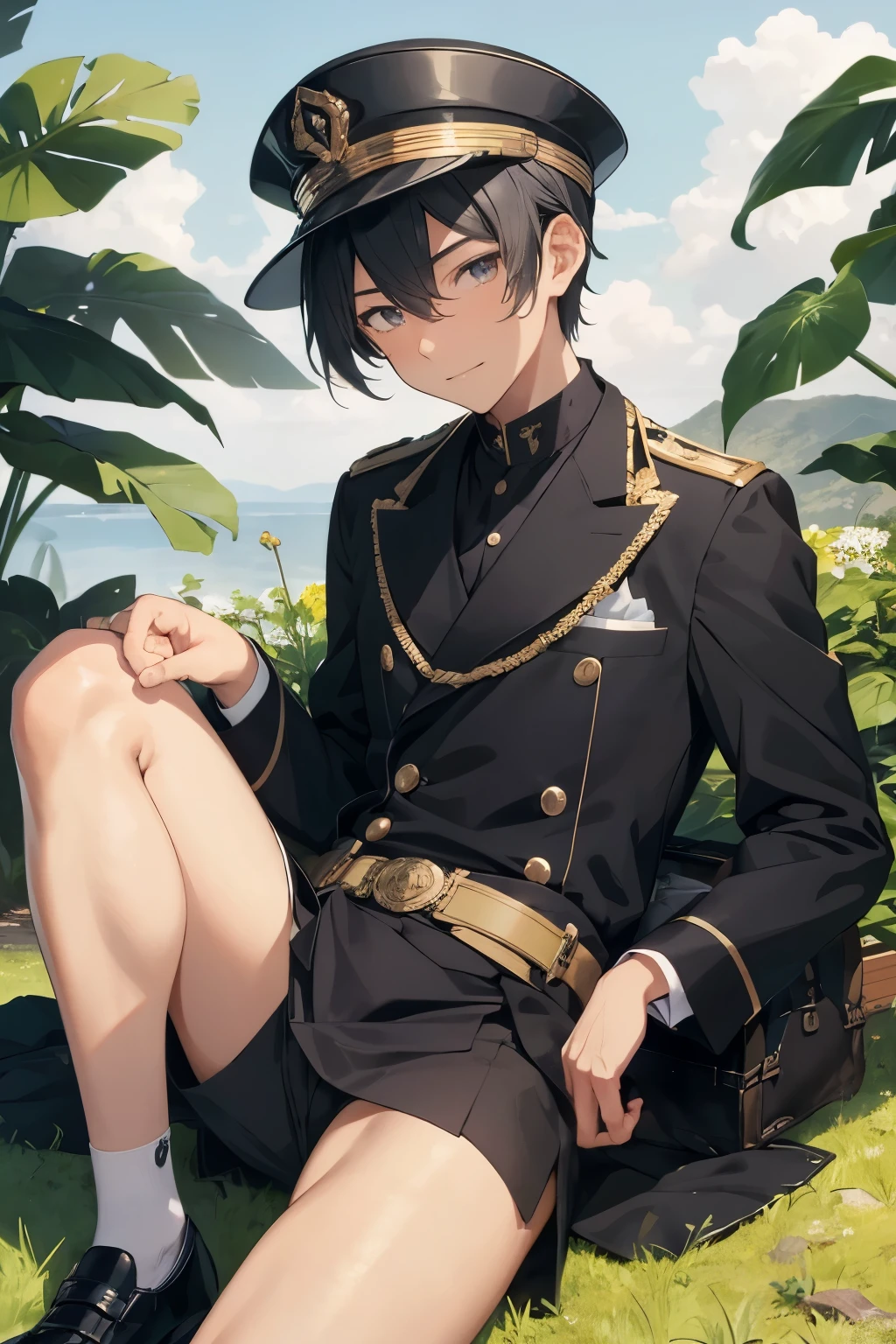 Male child、Black military uniform、Higan flowers blooming profusely、flower garden、top-quality、Sit up