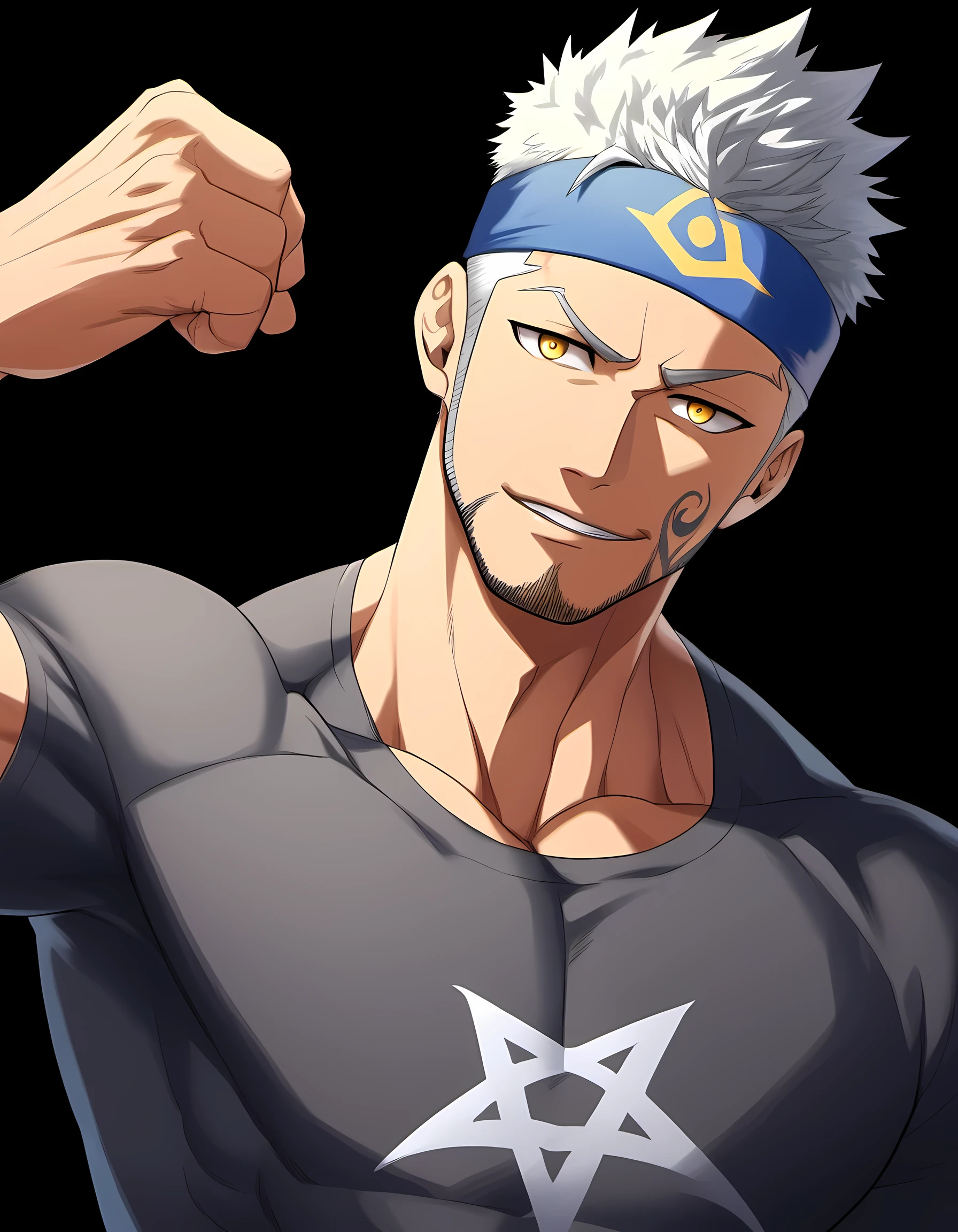 anime characters:Guy, Priapus, 1 young muscular man, male focus, Six pointed star tattoo on face, sports headband, Dark gray spandex tight T-shirt, white hair, muscular male, muscular, only, Upper body, alone, white short hair, stubble, yellow eyes, black background, simple background, amazing quality, best aesthetics, Ridiculous, bright pupils, short hair, naughty face, torogao, open lips, best quality
