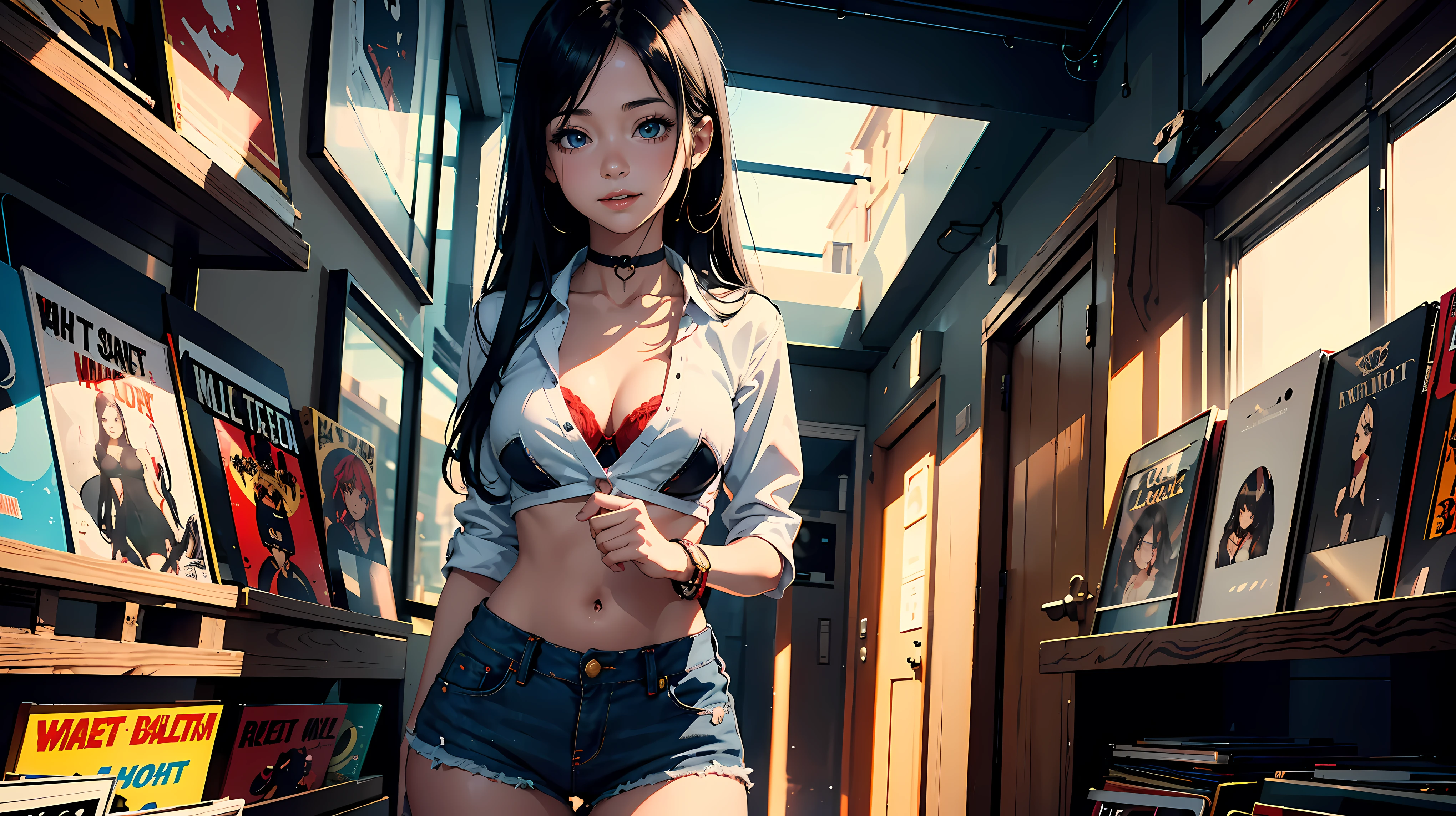 ((1girl)), 21 year old girl,
long black hair, big eyes, sweet smile, small breasts, thin hips,
choker collar, unbuttoned white shirt, red bra, jean shorts,
record store, records, vinyl,
open door, open window,
dramatic lighting, cinematic lighting,