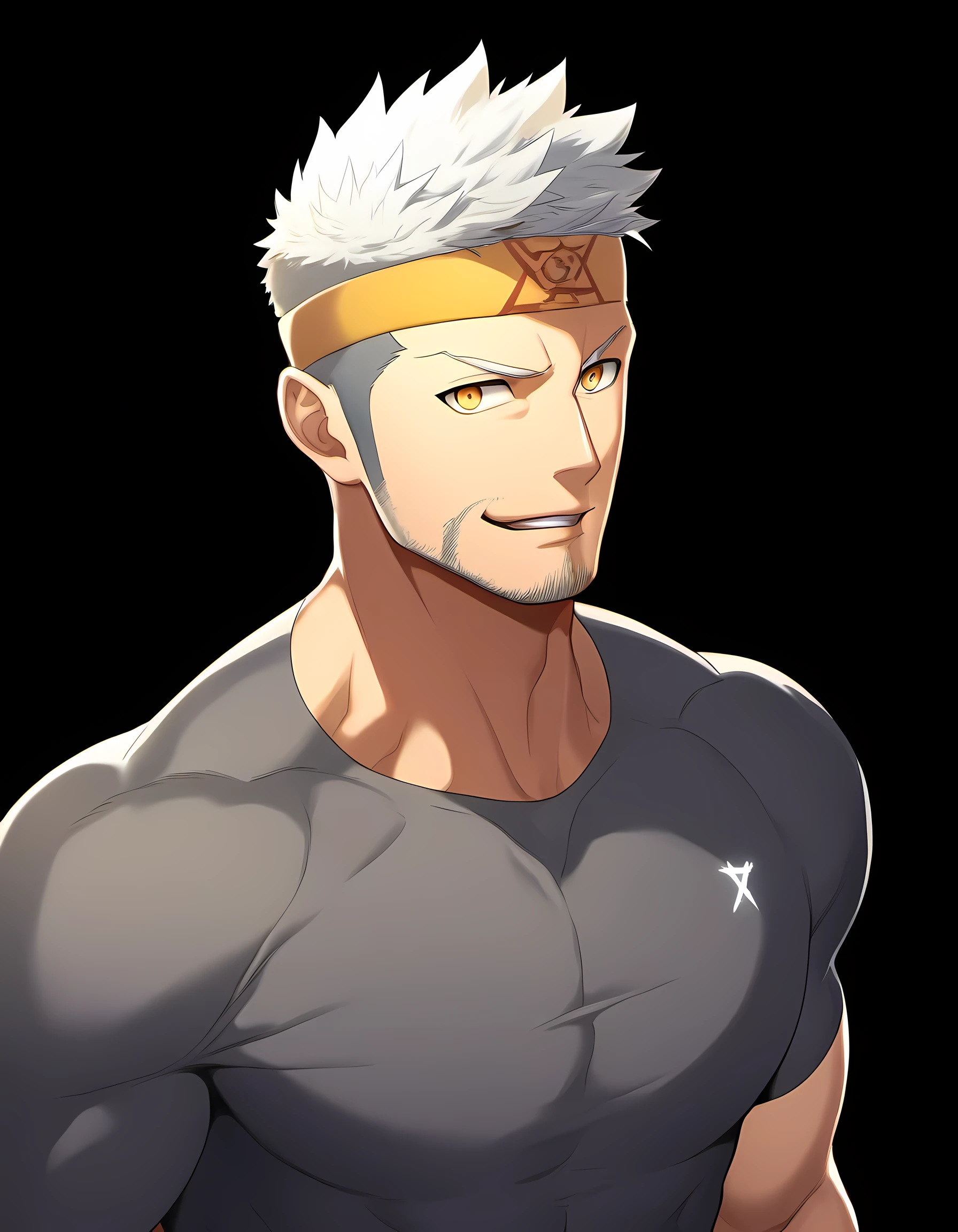 anime characters:Guy, Priapus, 1 young muscular man, male focus, Six pointed star tattoo on face, sports headband, Dark gray spandex tight T-shirt, white hair, muscular male, muscular, only, Upper body, alone, white short hair, stubble, yellow eyes, black background, simple background, amazing quality, best aesthetics, Ridiculous, bright pupils, short hair, naughty face, torogao, open lips, best quality