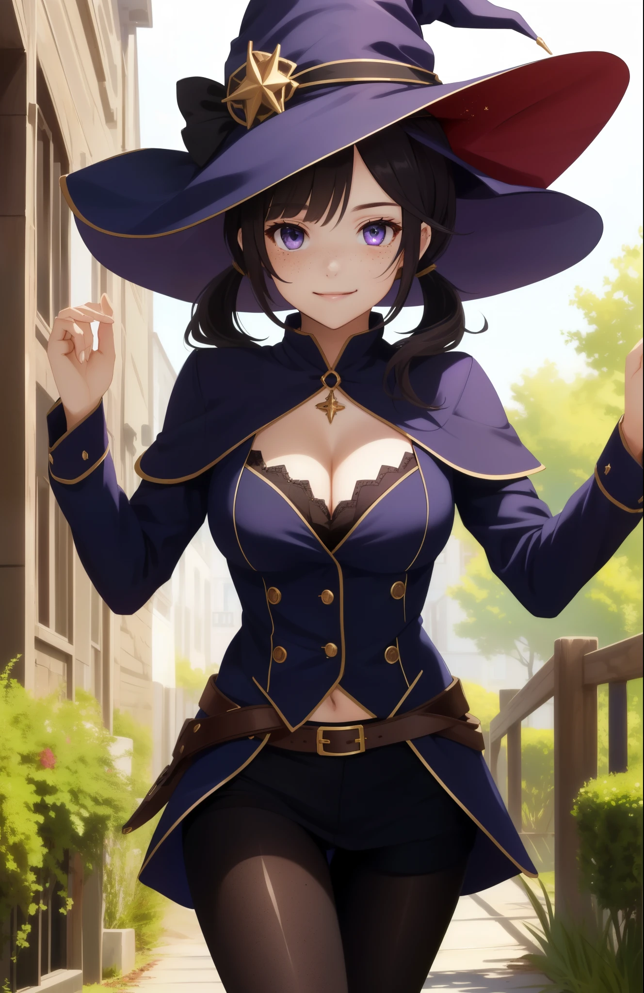 perfect eyes:1.2, detailed eyes:1.4, short hair, low twintails, twintails, black hair, freckles, purple eyes, smile, sexy, pantyhose, witch hat, cleavage, outdoors, cowboy shot, 1girl, solo, (masterpiece:1.6, best quality),