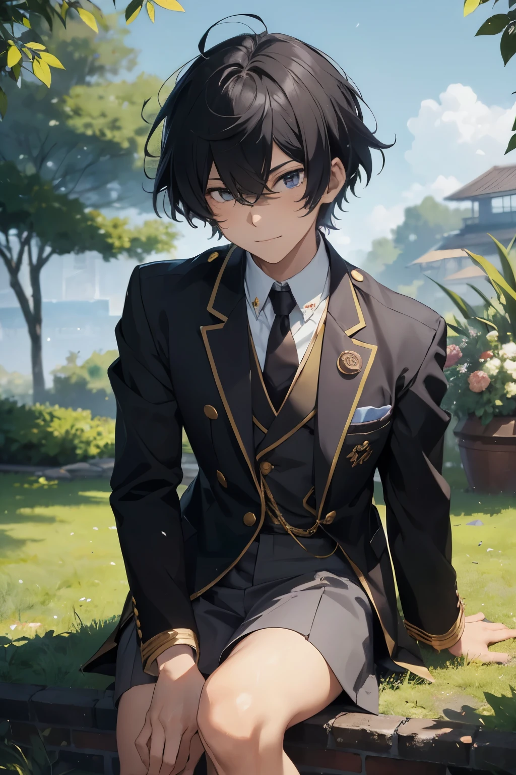 Zenkichi Tetsugaku, a fifteen-year-old boy with a black school uniform featuring five bronze buttons and a pocket conveniently located on the right chest, sat serenely on the lush grass. His jet-black undercut hairstyle framed his circle eyes, which gleamed with happiness and curiosity. The simple art style of his anime design accentuated his full body, revealing his strong and toned legs and hands. The early 20th century setting was evoked through his placement amongst the verdant foliage and his wearing of a traditional Greek peaked hat, which sat jauntily atop his head. As he sat in the peaceful scene, a wide smile graced his features,