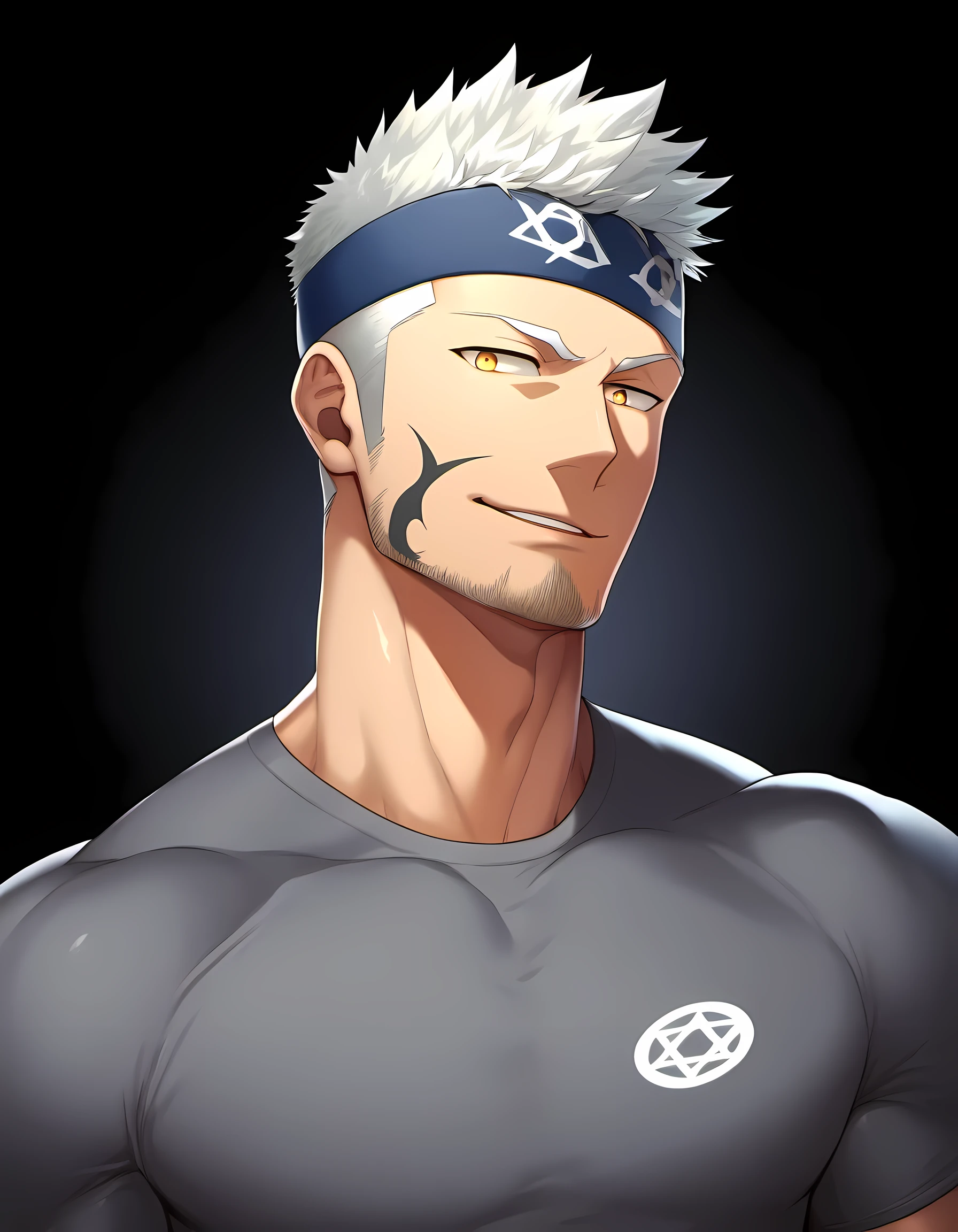 anime characters：Guy, Priapus, 1 young muscular man, male focus, Six pointed star tattoo on face, sports headband, Dark gray spandex tight T-shirt, white hair, muscular male, muscular, only, Upper body, alone, white short hair, stubble, yellow eyes, black background, simple background, amazing quality, best aesthetics, Ridiculous, bright pupils, short hair, naughty face, torogao, open lips, best quality