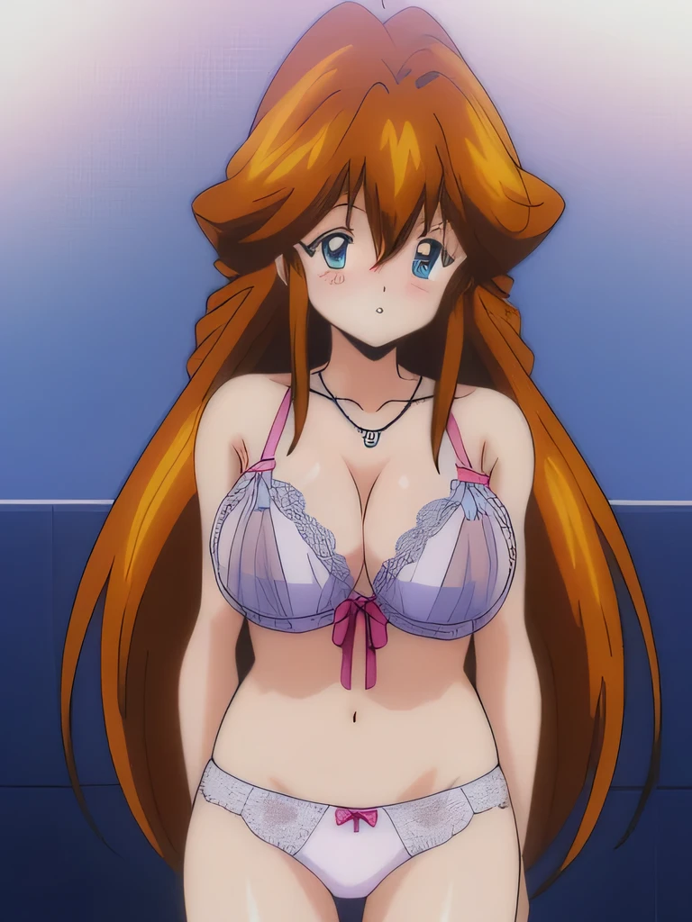 (It is), 1 girl, alone, underwear, panties, good, lingerie, long hair, blush, cowboy shot, clean face, beautiful eyes, Huge_chest, See-through, orange hair, necklace, underwear only, , 1990s \(style\), (anime, anime_screen cap), (animeーション化された gif, mp4) ,video, animeーション化された, masterpiece, expensive quality, very_expensive_solve, big_file size, full color,