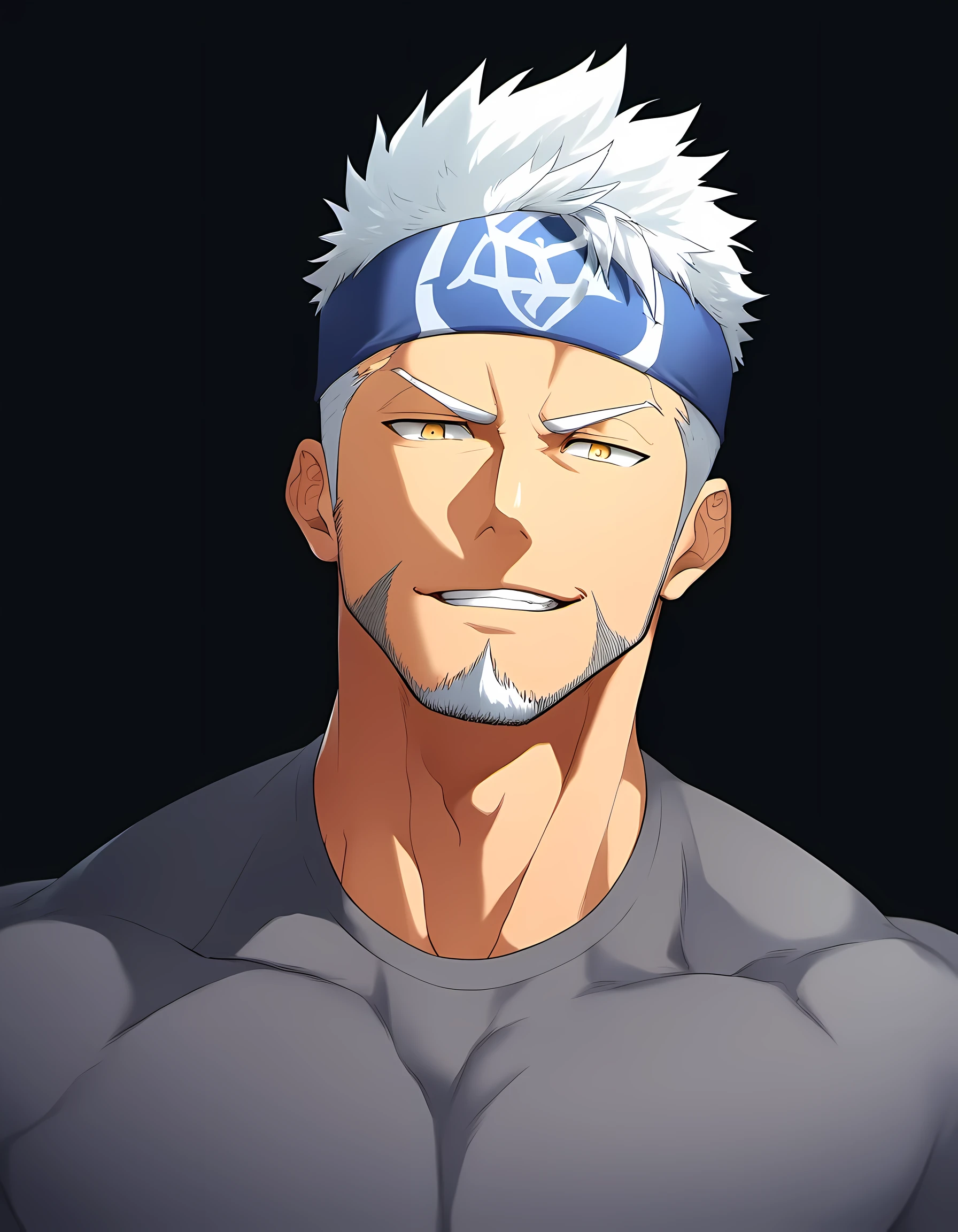 anime characters：Guy, Priapus, 1 young muscular man, male focus, Six pointed star tattoo on face, sports headband, Dark gray spandex tight T-shirt, white hair, muscular male, muscular, only, Upper body, alone, white short hair, stubble, yellow eyes, black background, simple background, amazing quality, best aesthetics, Ridiculous, bright pupils, short hair, naughty face, torogao, open lips, best quality