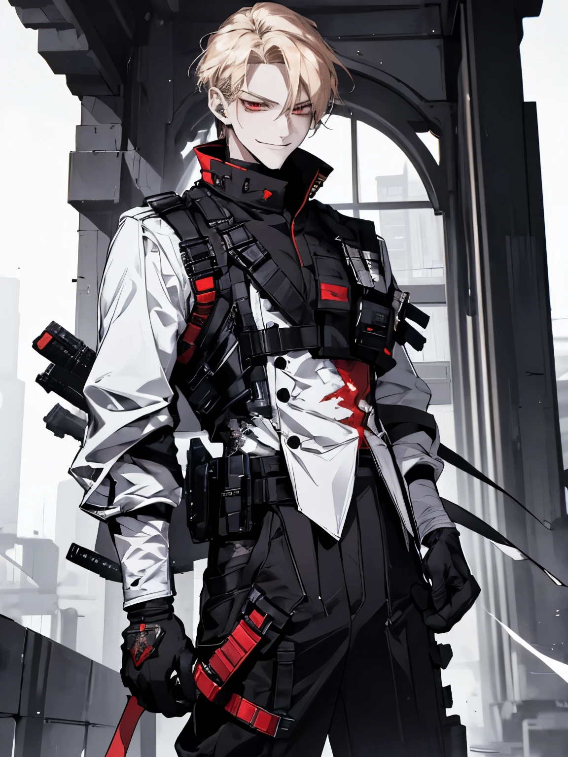 Masterpiece, best quality, highres, finely details, male, blond hair, red eyes, Smirk expression, white and red techwears, black pants.