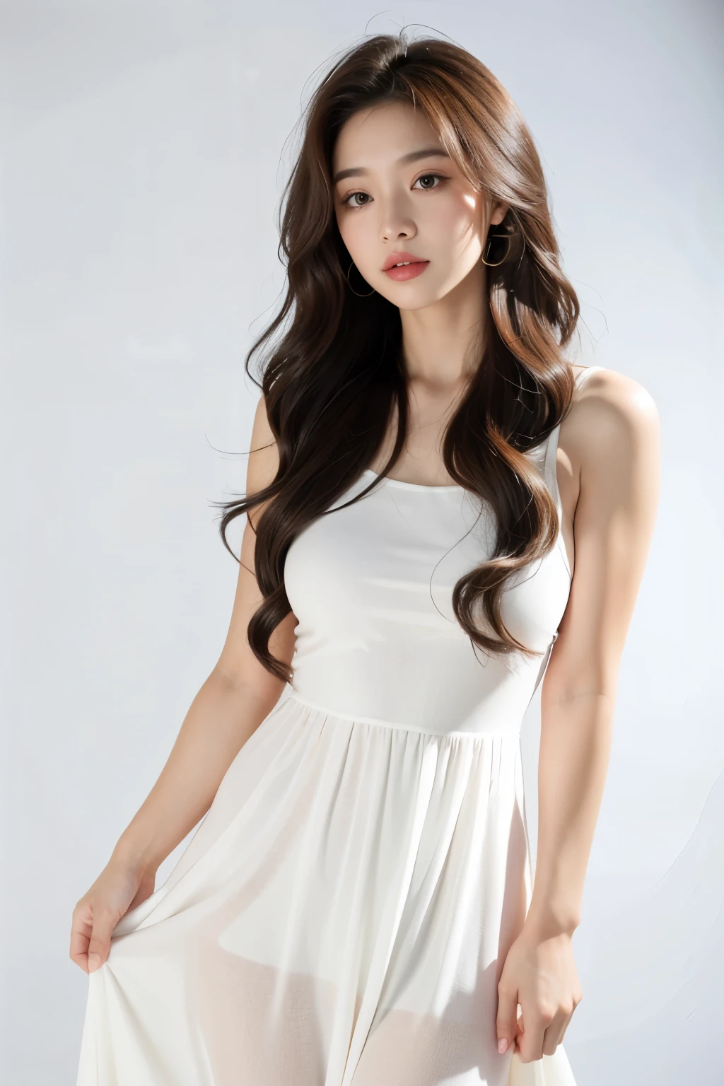 1 female,face,long hair,wavy hair.wearing a dress, white background, beautiful hair