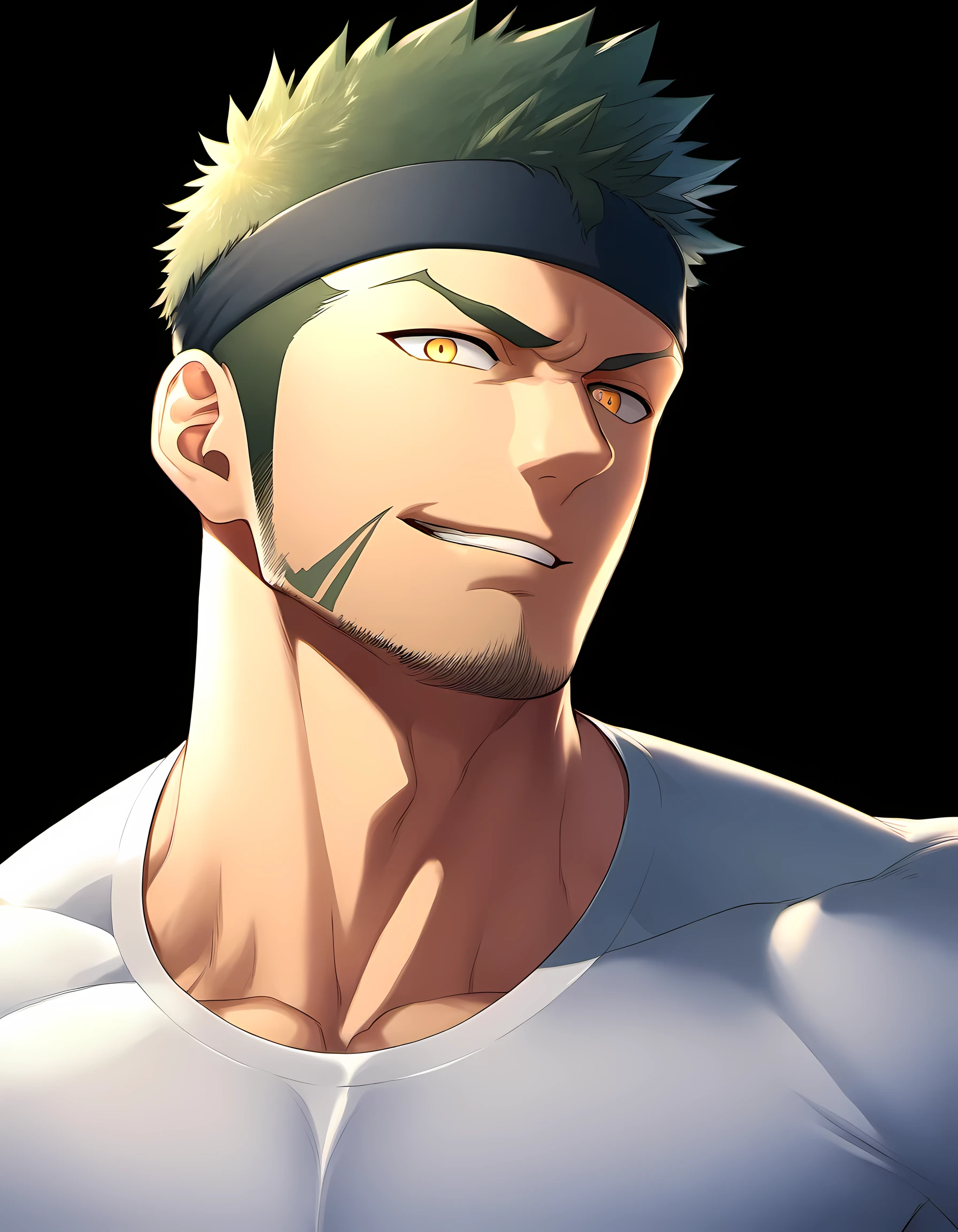 anime characters:Guy, Priapus, ung muscular man, male focus, Six pointed star tattoo on face, Sporty black headband, White spandex tight T-shirt, brown hair, muscular male, muscular, only, Upper body, alone, gray short hair, stubble, yellow eyes, black background, simple background, amazing quality, best aesthetics, Ridiculous, bright pupils, short hair, naughty face, torogao, open lips, best quality