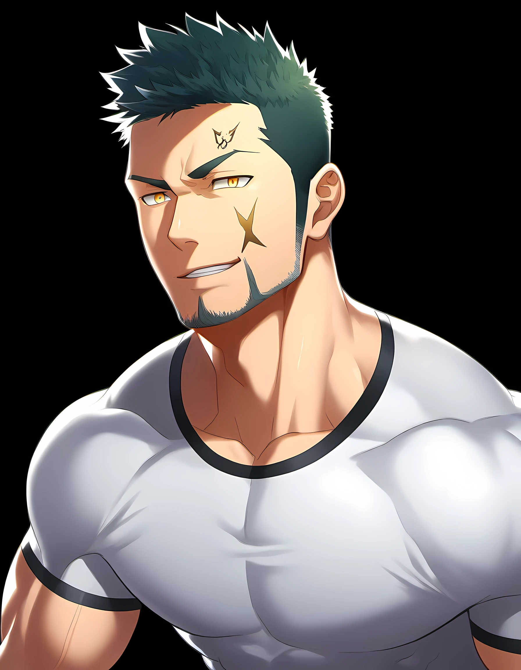 anime characters：Guy, Priapus, ****ung muscular man, male focus, Six pointed star tattoo on face, Sporty black headband, White spandex tight T-shirt, muscular male, muscular, only, Upper body, alone, gray short hair, stubble, yellow eyes, black background, simple background, amazing quality, best aesthetics, Ridiculous, bright pupils, short hair, naughty face, torogao, open lips, best quality