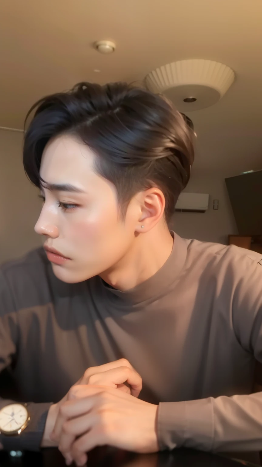 there is a man sitting at a table with a watch on his wrist, homem sul-coreano, brilhante da chuva, lindo chad queixo, Jimin\the right eyelid is swollen, profile picture with headshot, adorable and pale korean face, Kim Doyoung, Yanjun Chengt, com o mesmo penteado, menino musculoso coreano de 2 a 1 anos, Jimin\the full lips