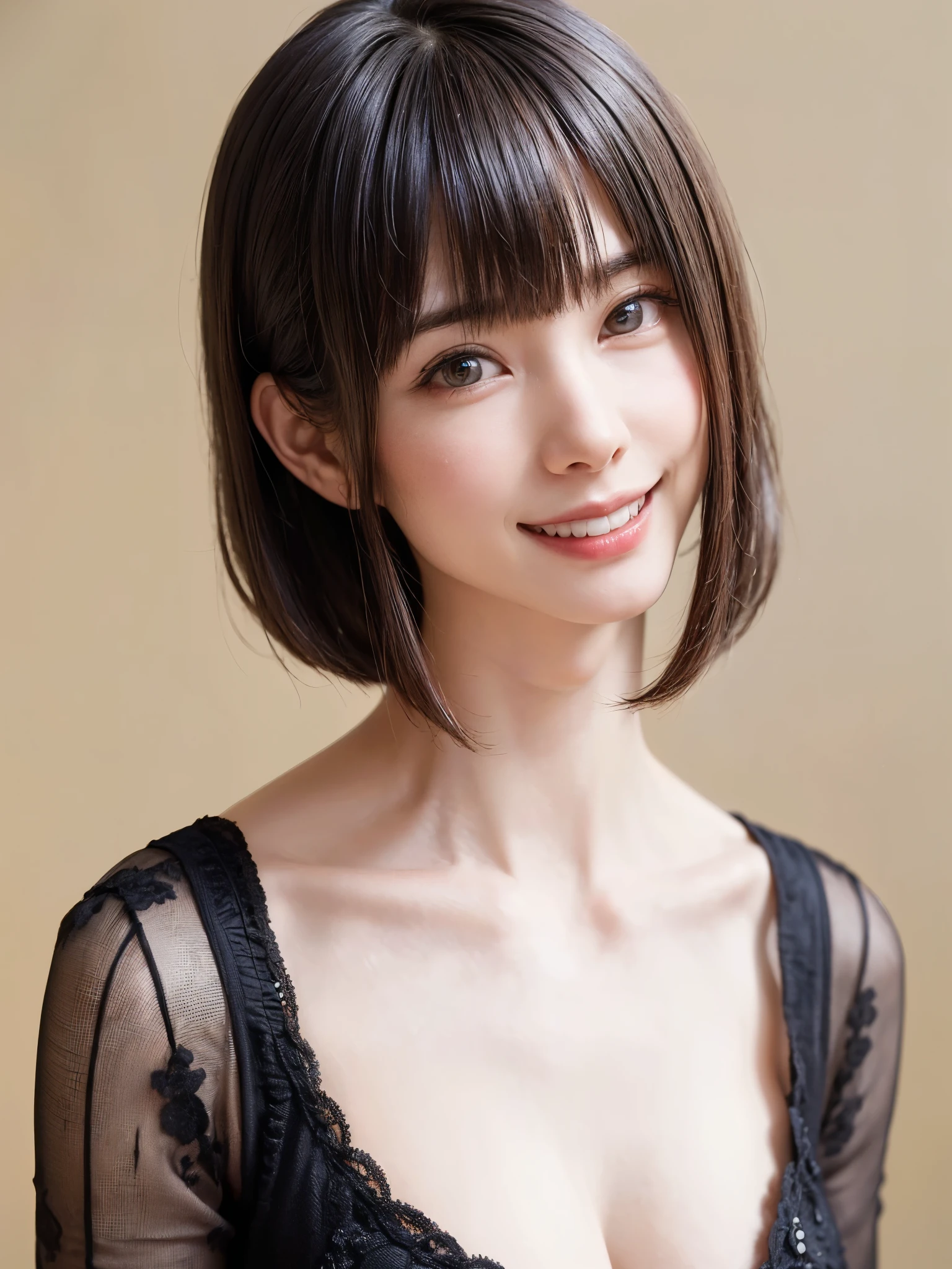 (table top, highest quality、ultra high resolution、face focus focus、focus on the sides、navel focus、decolletage focus、very attractive beauty、Adds intense highlights to the eyes、look closely at the camera:1.4、Absolutely beautiful bangs:1.4、Brunette short bob hair with bangs:1.4),1 girl, Report, black haired, realistic, looking at the viewer, pale black eyes, short hair, lips, lip gloss, Upper body、Big eyes、eyelash)、((italian natural background、hyper real stick:1.4))、((short hair with bangs:1.4、Beautiful bangs with 46 points:1.4、{Huge|big|Hugeな|mega} chest:2, cleavage:2、Big eyes、Give your students very powerful highlights、very bigger chest、look at the audience、very beautiful beauty、show me your ears、beautiful long neck、beautiful decollete、smile、A smilee beautiful teeth、Open your mouth and smilee))、28 years old、very cute super model、perfect anatomy