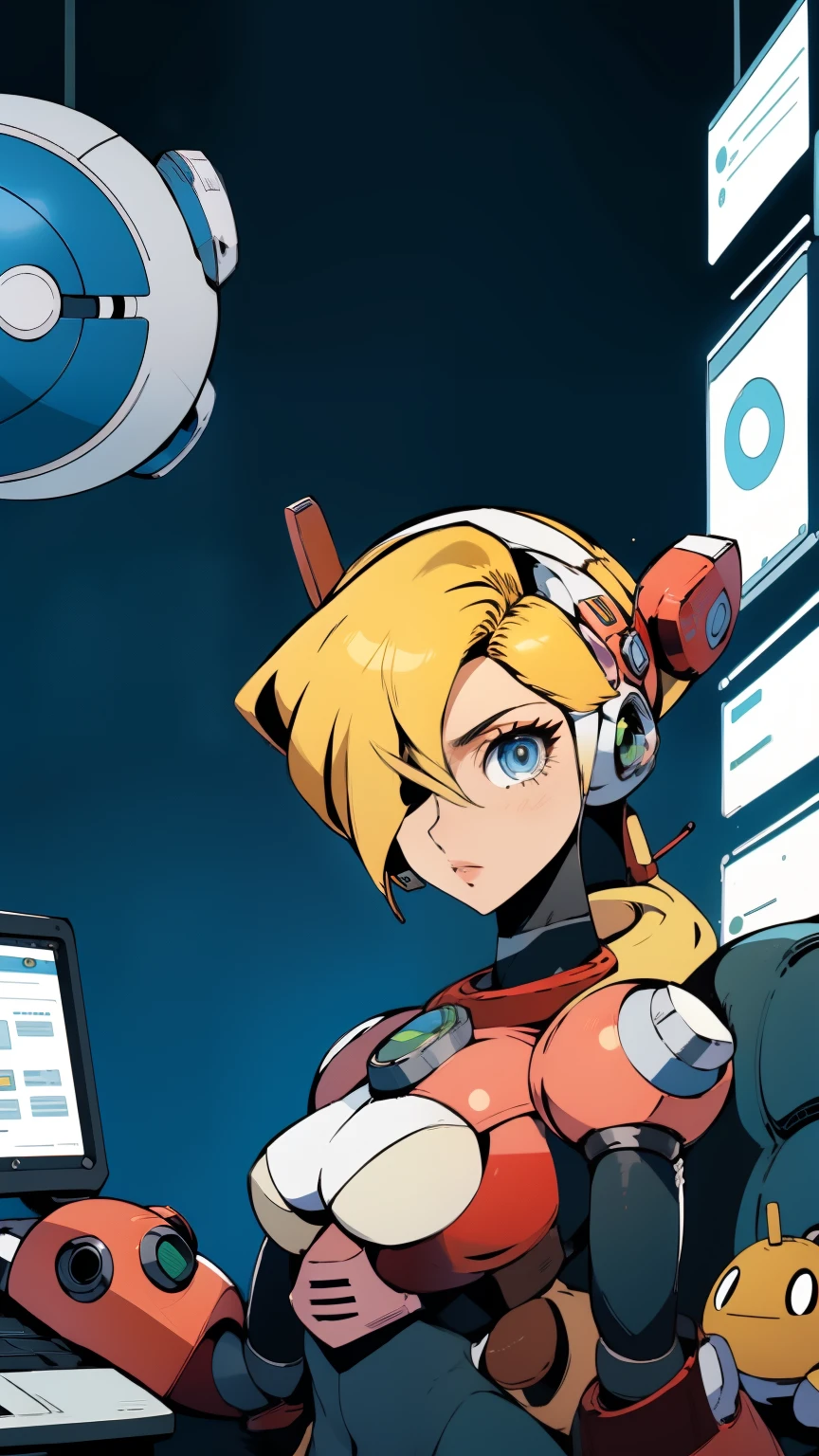 Alia_Megamanx, 1girl, sozinho, seios, olhos azuis, blonde hair, android, cabelos longos, robot ears, sentado na cadeira em frente ao computador, laboratory, master part, alta qualidade, peistos grandes e bunda