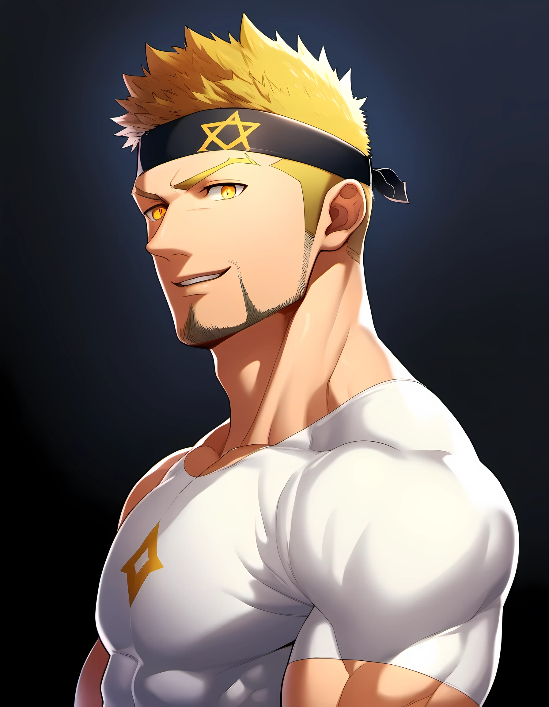 anime characters:Guy, Priapus, ung muscular man, male focus, Six pointed star tattoo on face, Sporty black headband, White spandex tight T-shirt, muscular male, muscular, only, Upper body, alone, short yellow hair, stubble, yellow eyes, black background, simple background, amazing quality, best aesthetics, Ridiculous, bright pupils, short hair, naughty face, torogao, open lips, best quality