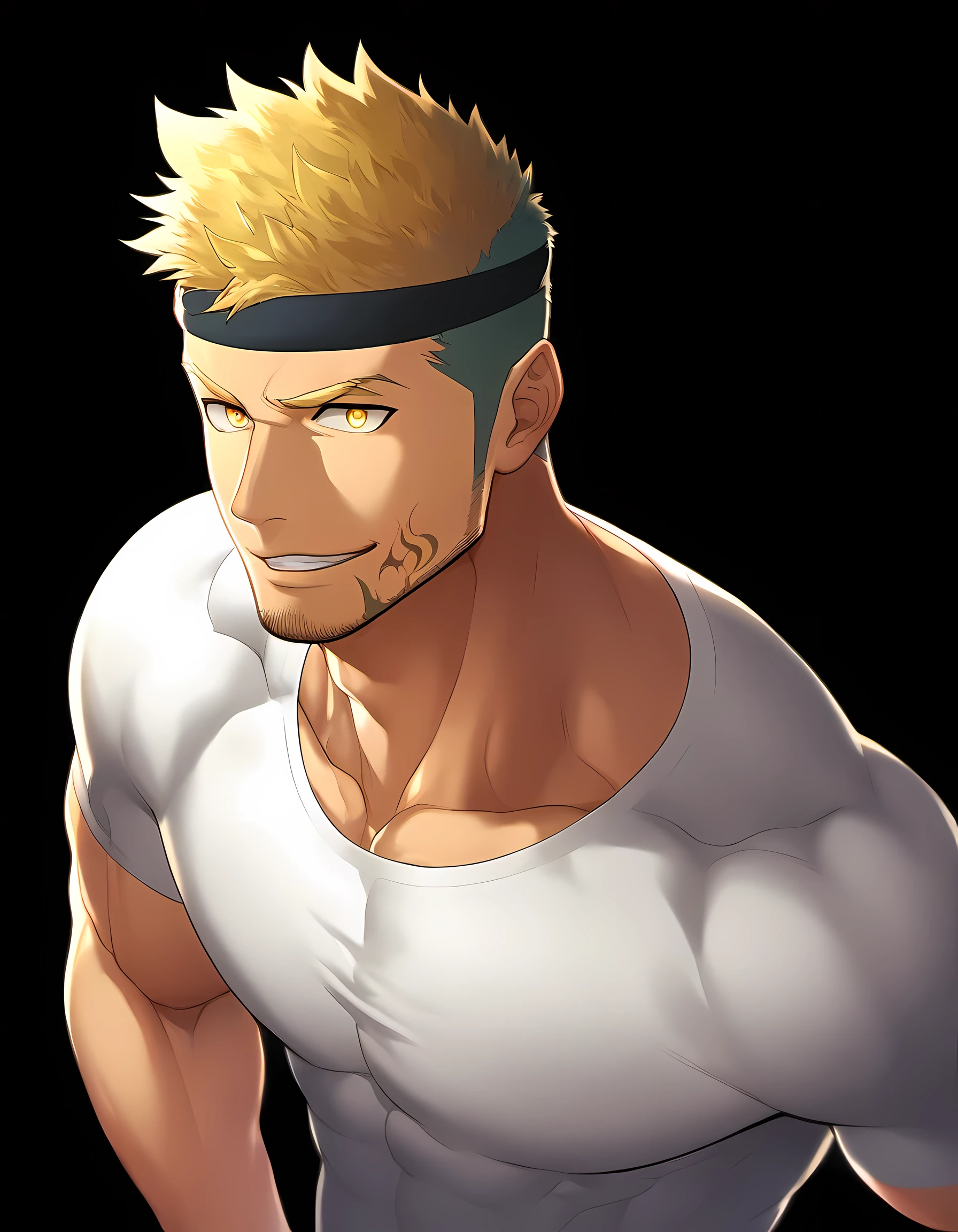 anime characters:Guy, Priapus, 1 young muscular man, male focus, Six pointed star tattoo on face, Sporty black headband, White spandex tight T-shirt, muscular male, muscular, only, Upper body, alone, short yellow hair, stubble, yellow eyes, black background, simple background, amazing quality, best aesthetics, Ridiculous, bright pupils, short hair, naughty face, torogao, open lips, best quality
