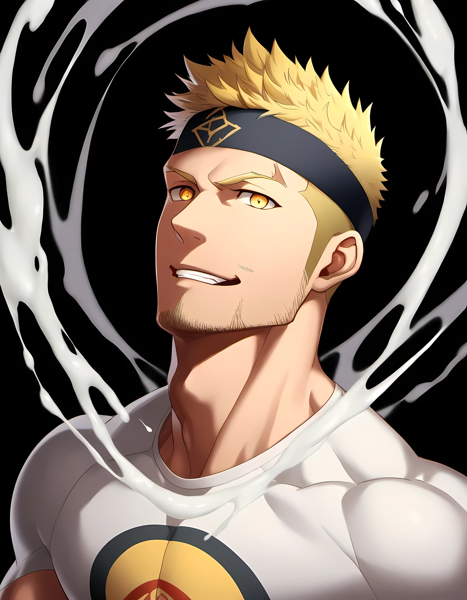anime characters：Guy, Priapus, ung muscular man, male focus, Six pointed star tattoo on face, Sporty black headband, White spandex tight T-shirt, Milky white mucus at the corners of the mouth, muscular male, muscular, only, Upper body, alone, short yellow hair, stubble, yellow eyes, black background, simple background, amazing quality, best aesthetics, Ridiculous, bright pupils, short hair, naughty face, torogao, open lips, best quality
