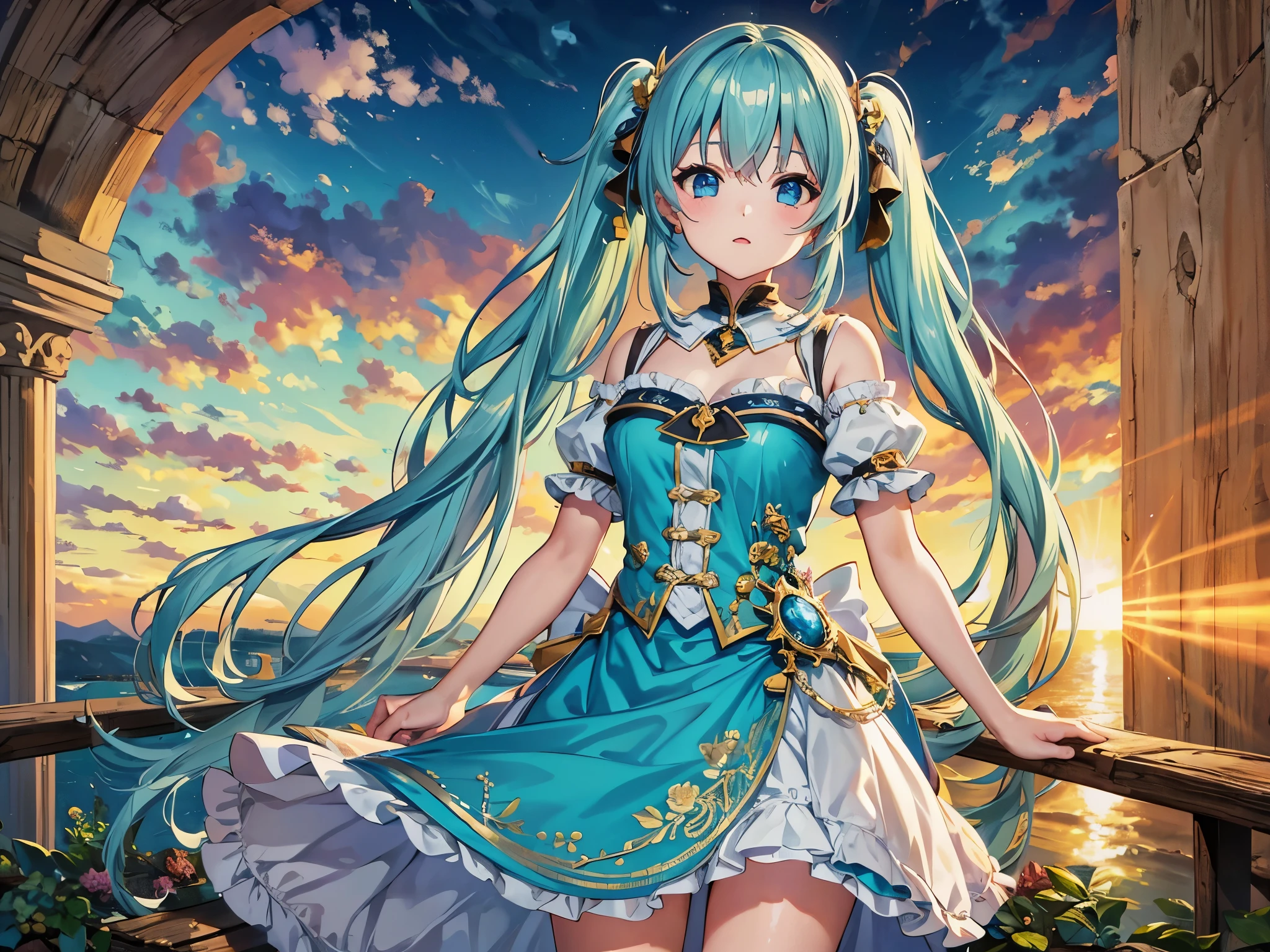 spring、light blue long hair、Beautiful girl with twin tails、dreamy fantasy art, chibi character girl、rococo art style,, (Optimal configuration), ultra wide angle, octane rendering, Strengthen, sunset、(highest quality,  masterpiece, official art, Professional, unity 8k wallpaper:1.3)