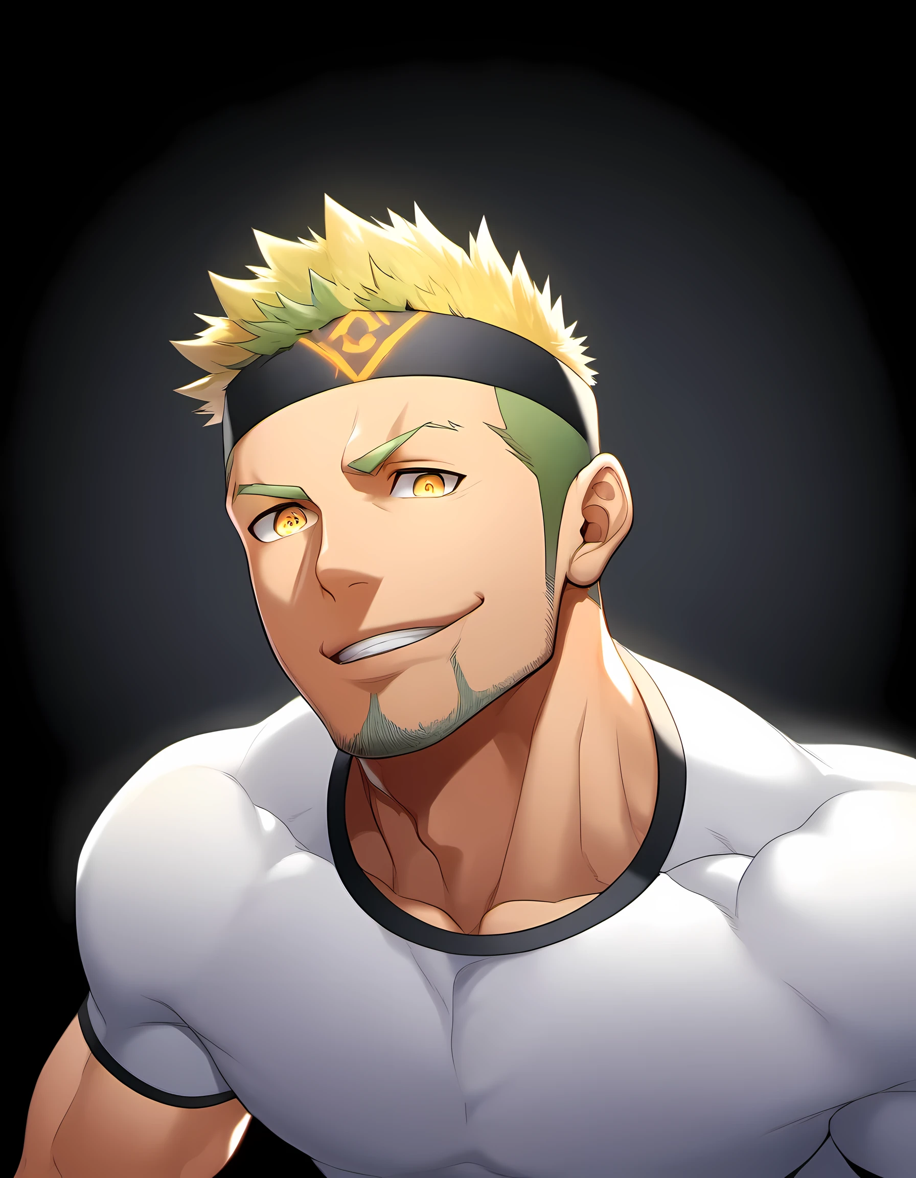anime characters：Guy, Priapus, 1 young muscular man, male focus, Six pointed star tattoo on face, Sporty black headband, White spandex tight T-shirt, Milky white mucus at the corners of the mouth, muscular male, muscular, only, Upper body, alone, short yellow hair, stubble, yellow eyes, black background, simple background, amazing quality, best aesthetics, Ridiculous, bright pupils, short hair, naughty face, torogao, open lips, best quality