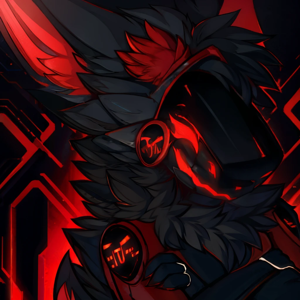 Protogen,black,red mechanical mask,arms crossed,staring at the viewer,serious expression,illustrated,ultra-detailed,professional,sharp focus,bokeh,vivid colors,glowing eyes,sci-fi,metal texture,studio lighting,neon lights