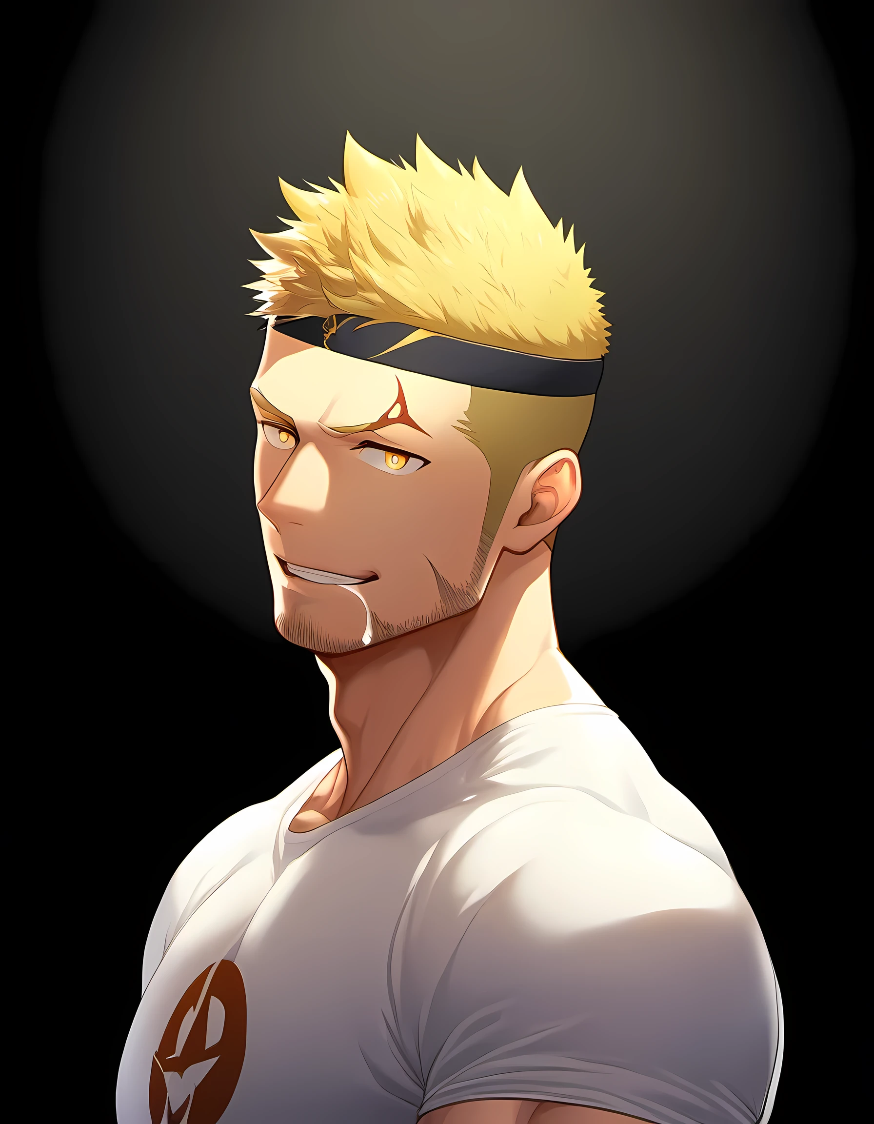 anime characters：Guy, Priapus, 1 young muscular man, male focus, Six pointed star tattoo on face, Sporty black headband, White spandex tight T-shirt, Milky white mucus at the corners of the mouth, muscular male, muscular, only, Upper body, alone, short yellow hair, stubble, yellow eyes, black background, simple background, amazing quality, best aesthetics, Ridiculous, bright pupils, short hair, naughty face, torogao, open lips, best quality