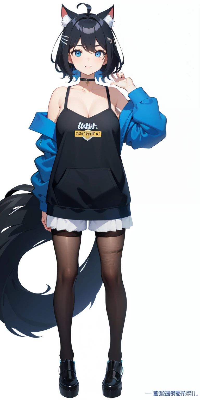 on lap,((((upright)))), ((((stand up)))), looking at the viewer, simple background、white background, 1 girl, open your mouth, smile, Virtual YouTuber、with a girl、((highest quality, expensive_solve, clear_image)),(black hair), (black cat ears), (Ahoge), (ridiculously short hair), (wavy hair), (blue eyes),、laughter、very big breasts、((concept art))、((front))、wore a camisole、I put a hoodie on my shoulders、short pants、cleavage visible、whole body、