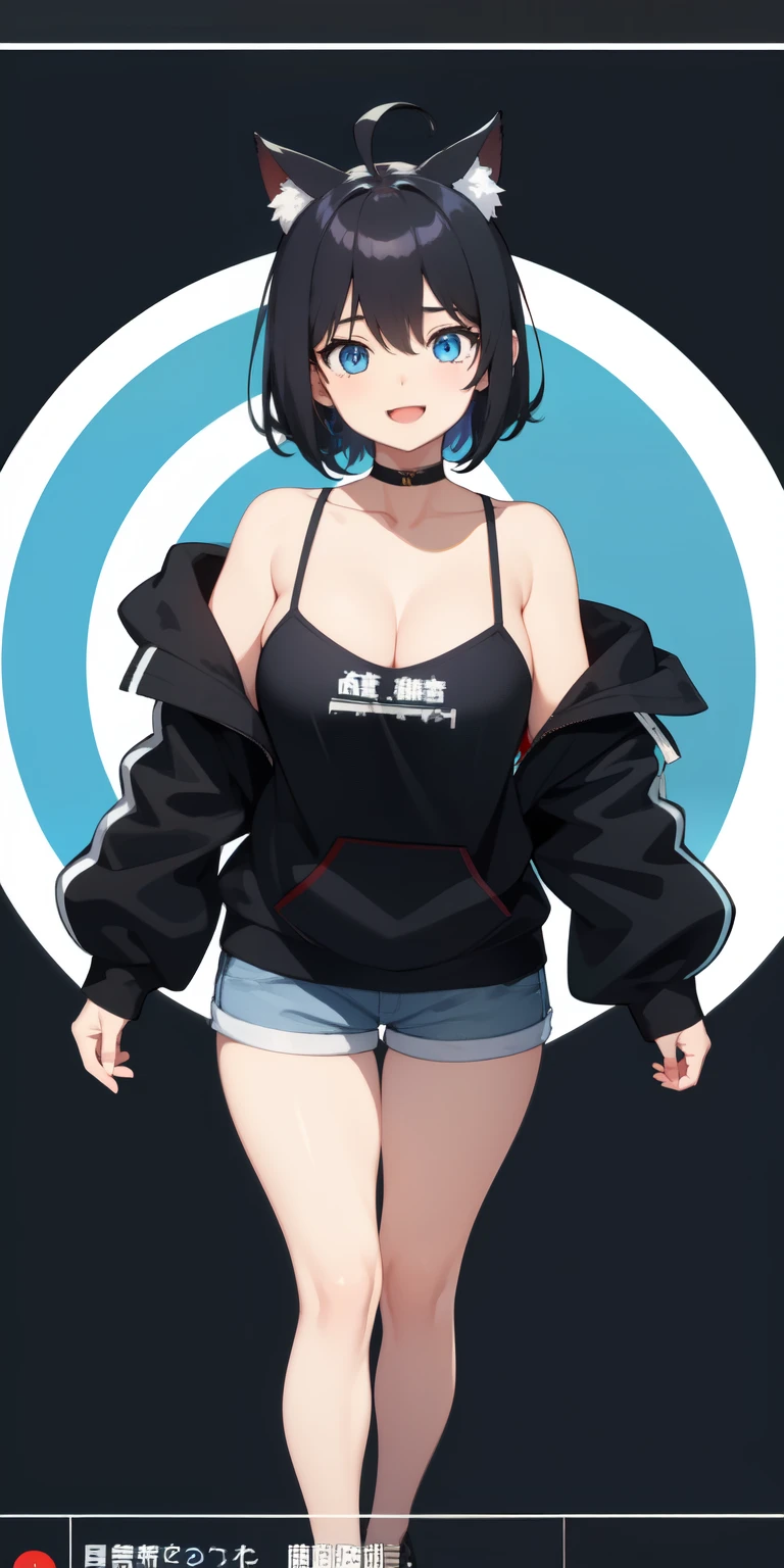 on lap,((((upright)))), ((((stand up)))), looking at the viewer, simple background、white background, 1 girl, open your mouth, smile, Virtual YouTuber、with a girl、((highest quality, expensive_solve, clear_image)),(black hair), (black cat ears), (Ahoge), (ridiculously short hair), (wavy hair), (blue eyes),、laughter、very big breasts、((concept art))、((front))、wore a camisole、I put a hoodie on my shoulders、short pants、cleavage visible、whole body、