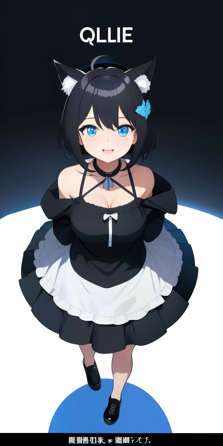 on lap,((((upright)))), ((((stand up)))), looking at the viewer, simple background、white background, 1 girl, open your mouth, smile, Virtual YouTuber、with a girl、((highest quality, expensive_solve, clear_image)),(black hair), (black cat ears), (Ahoge), (ridiculously short hair), (wavy hair), (blue eyes),、laughter、very big breasts、((concept art))、((front))、wore a camisole、I put a hoodie on my shoulders、short pants、cleavage visible、whole body、