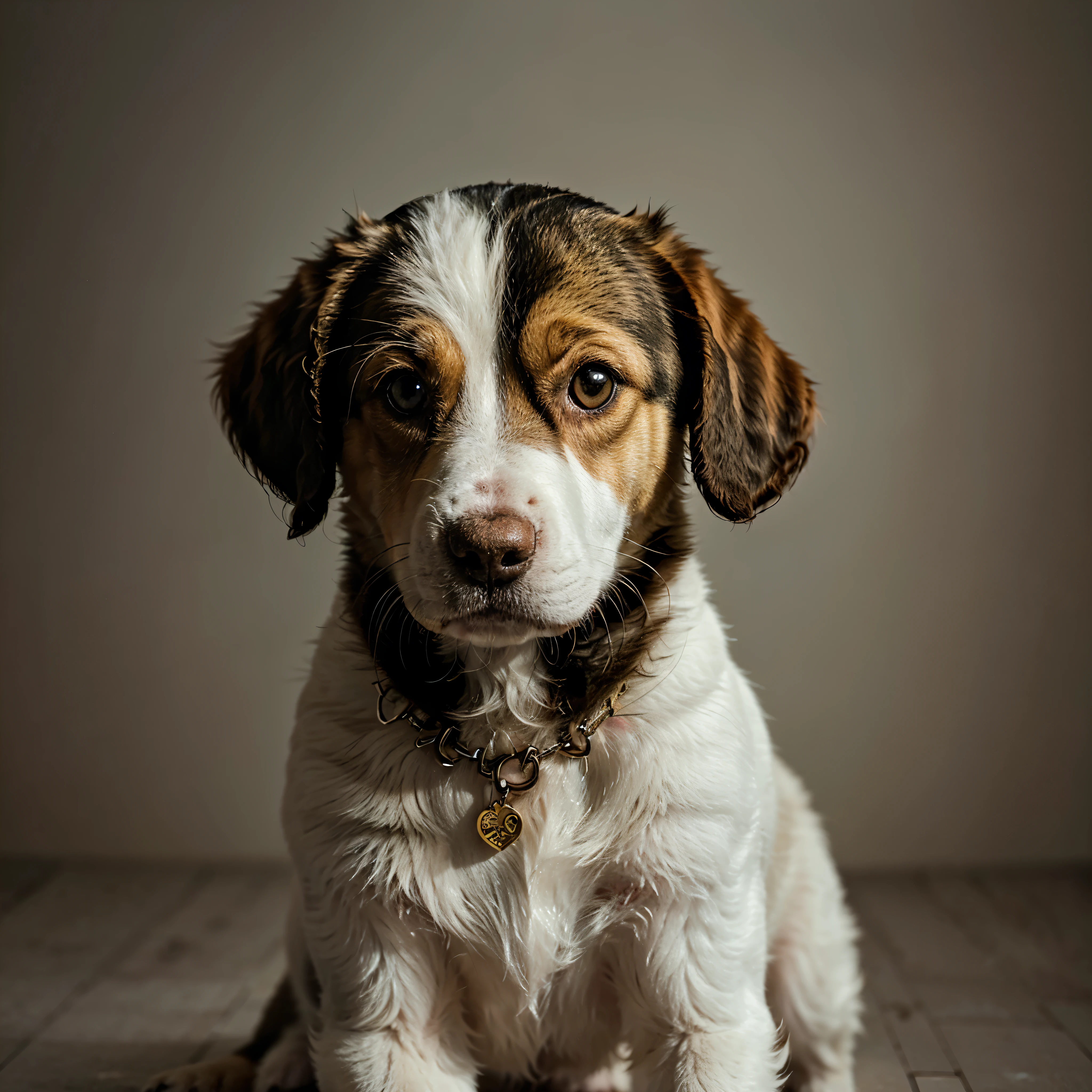 realistic puppy dog mosaic art piece, intricately designed with various colorful tiles, capturing the thoughtful expression and playful demeanor of the beloved pet, set against a neutral background, evoking a sense of calmness and nostalgia, ultra-high definition, 8K.