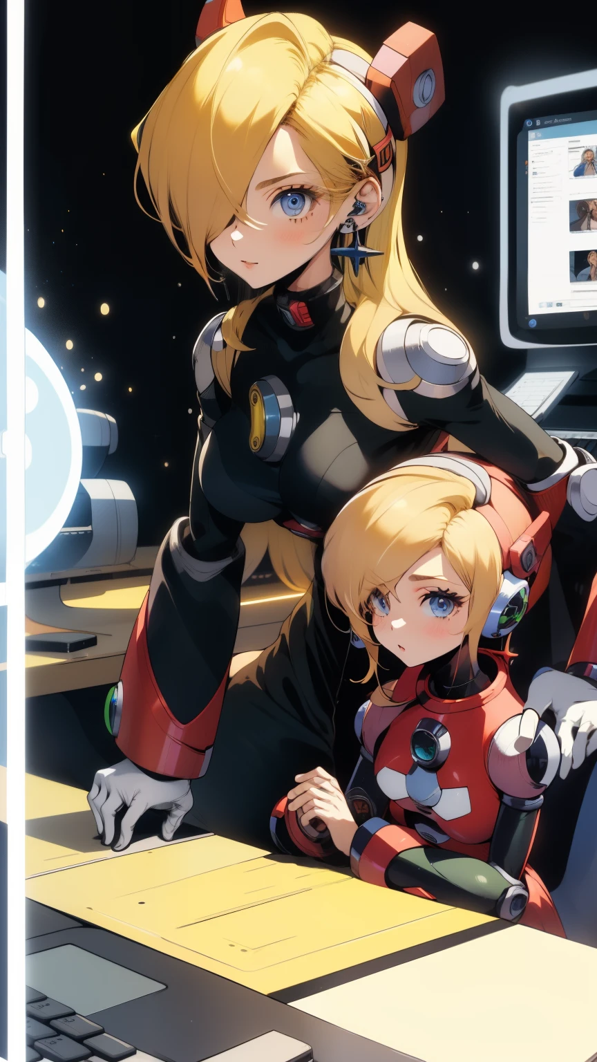 Alia_Megamanx, 1girl, sozinho, seios, olhos azuis, blonde hair, android, cabelos longos, robot ears, sentado na cadeira em frente ao computador, laboratory, master part, alta qualidade, peistos grandes e bunda