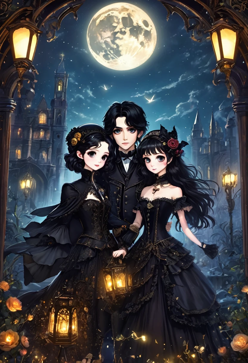 (a heterosexual couple: 1.5, dark style, big eyes, small parts, fluffy black hair), (dark Gothic, Victorian steampunk gothic style), dark, dark setting with skull decorations 32k, fairy tale: 1.4, camera cut: 1.4, ((Dreamlike atmosphere, soft light and magic:1.3)), ((Imaginative scene)),((perfect, meticulously detailed.:1.3)), ((full shot: 1.4)), ((Best quality)) , ((Masterpiece)), 3D, (hyper detailed: 1.3), ((Epic Scenery: 1.3)), ((night background: 1.3 ))), (((the night:1.2))), (photorealistic: 1,4), ((Front camera)),( (Low-light night cinema lighting: 1,2)). 32k.