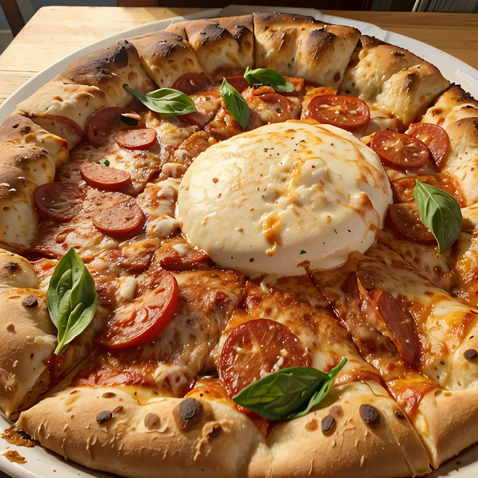 Best quality, delicious cheesy pizza, with peperoni