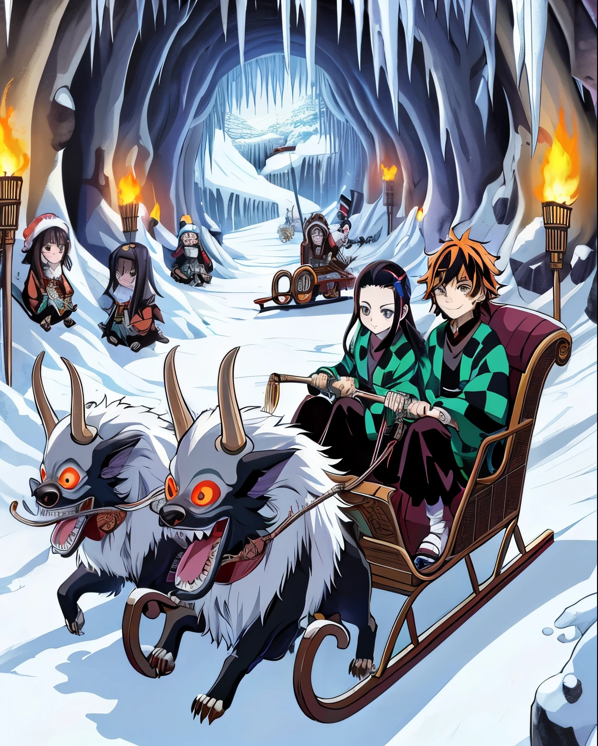 A captivating anime-style poster featuring Tanjiro and Nezuko riding in a sleigh, pulled by the demon duo Gyokko and Gyutaro. The snowy cave in the foreground is adorned with torches on the walls, while the background reveals the ominous silhouettes of Akaza, Doma, Kokushibo, and Hantengu hanging out in the cave. The overall mood is intense and mysterious, with a blend of action and supernatural elements., poster
