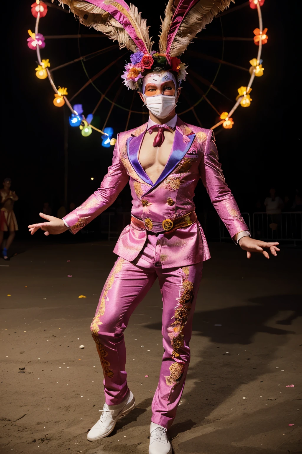 full body image of a male flamboyant carnival performer with big make up, a neck tie, tight flowered dancer cloths, and a masquarade mask