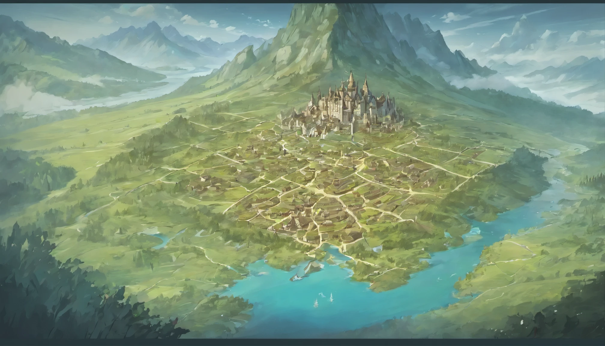 Mapa de Arafard，Mapa de nieve, Reino de las Nieves，To the north of the map there are majestic mountains, grandes como el everest, and just below those mountains is a large fortress，Al sur bosques.，Al oeste un bosques，To the east is the plaasy cartography，mapa del juego，detailed map，mapas del taller de vapor，d＆d style fantasy map design，vista de arriba hacia abajo. Murallas rodean al reino, fuera del mismo hay campos de cultivos. No water, forests beyond crops. Castillo se ve de lejos